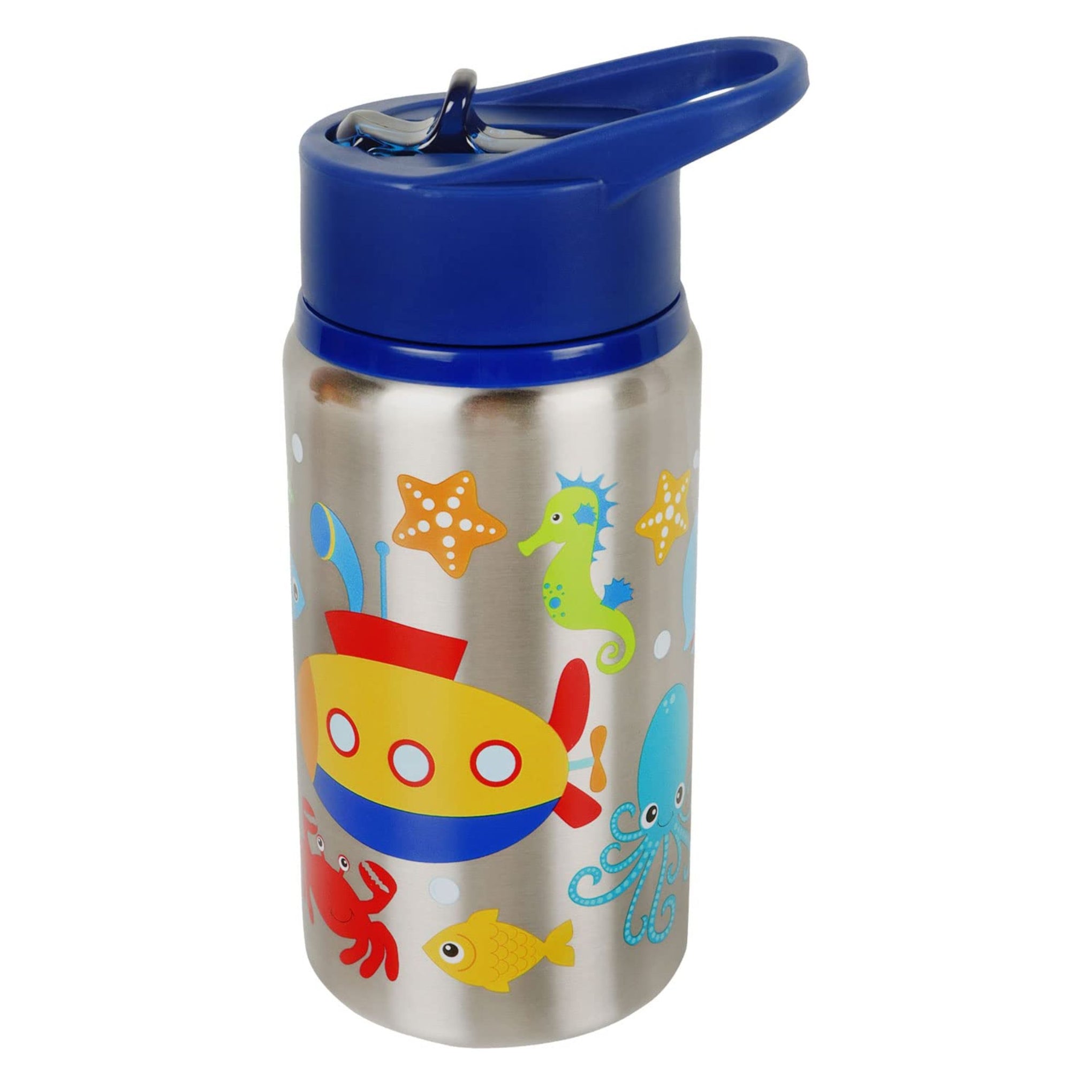Hopop Non-Insulated Steel Straw Sipper | Flip Top Spout Single Wall Steel Sipper Bottle with Straw | Easy to Carry Handle Sipper Water Bottle for Kids | 530ml | Under The Sea