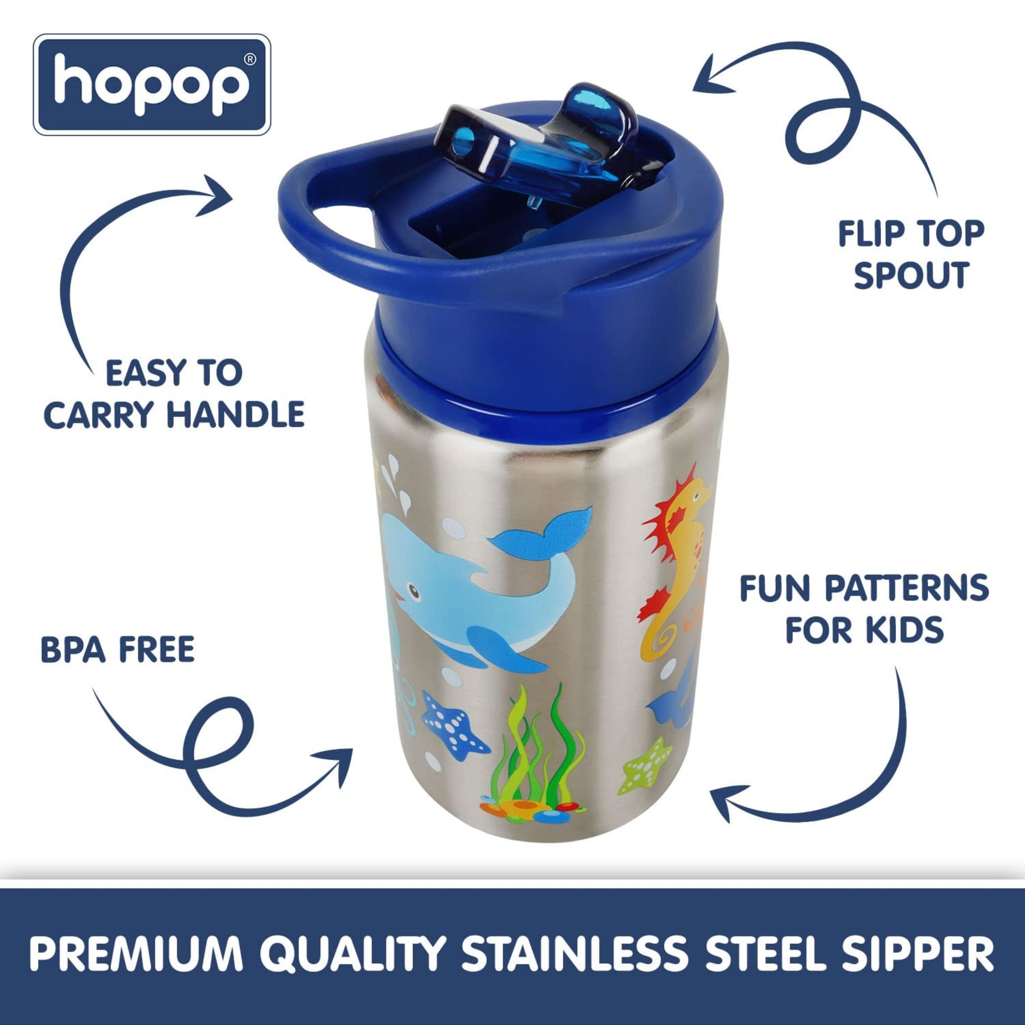 Hopop Non-Insulated Steel Straw Sipper | Flip Top Spout Single Wall Steel Sipper Bottle with Straw | Easy to Carry Handle Sipper Water Bottle for Kids | 530ml | Under The Sea