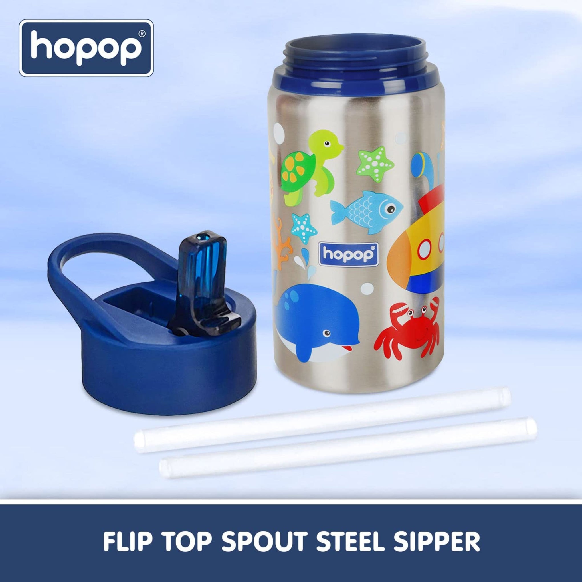 Hopop Non-Insulated Steel Straw Sipper | Flip Top Spout Single Wall Steel Sipper Bottle with Straw | Easy to Carry Handle Sipper Water Bottle for Kids | 530ml | Under The Sea