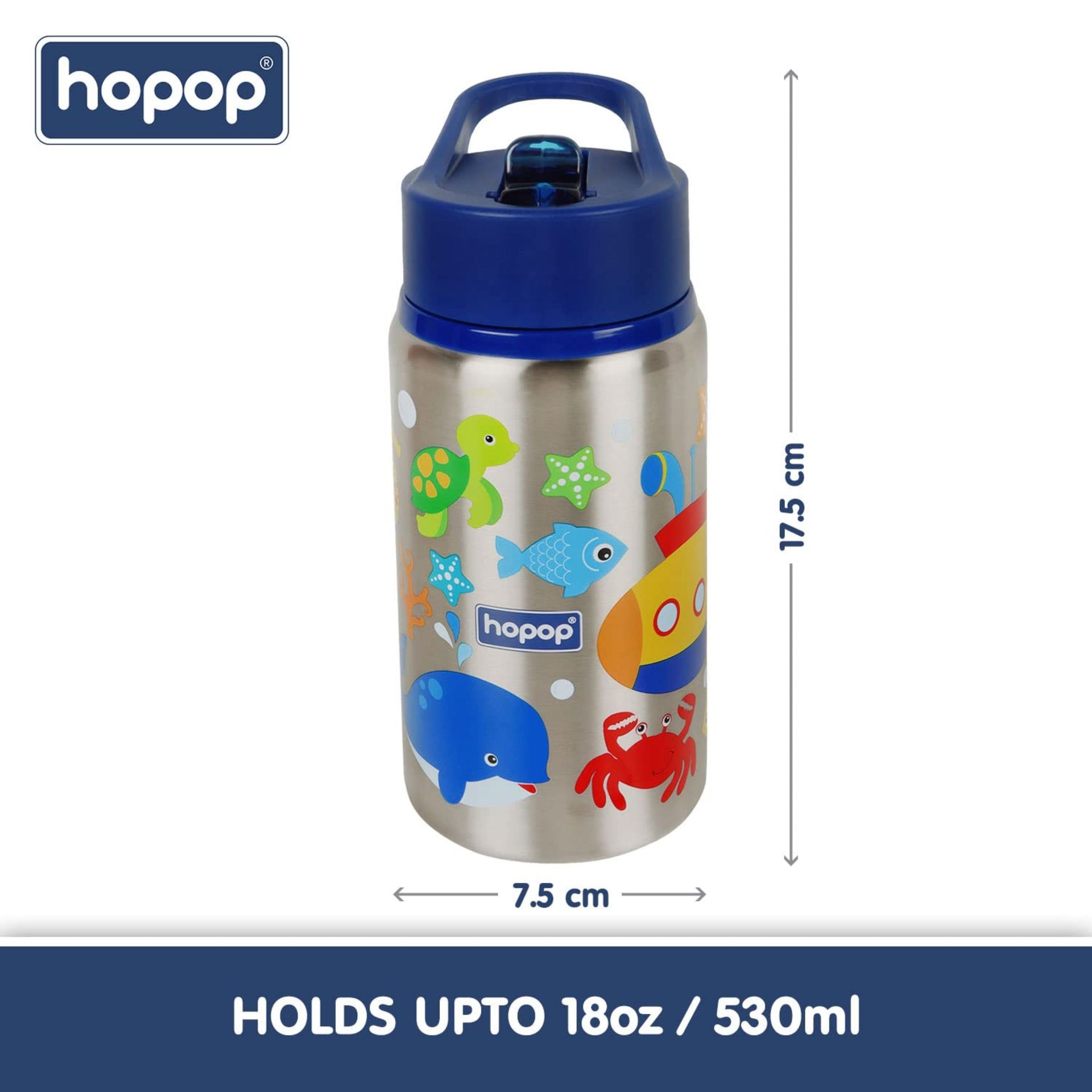 Hopop Non-Insulated Steel Straw Sipper | Flip Top Spout Single Wall Steel Sipper Bottle with Straw | Easy to Carry Handle Sipper Water Bottle for Kids | 530ml | Under The Sea