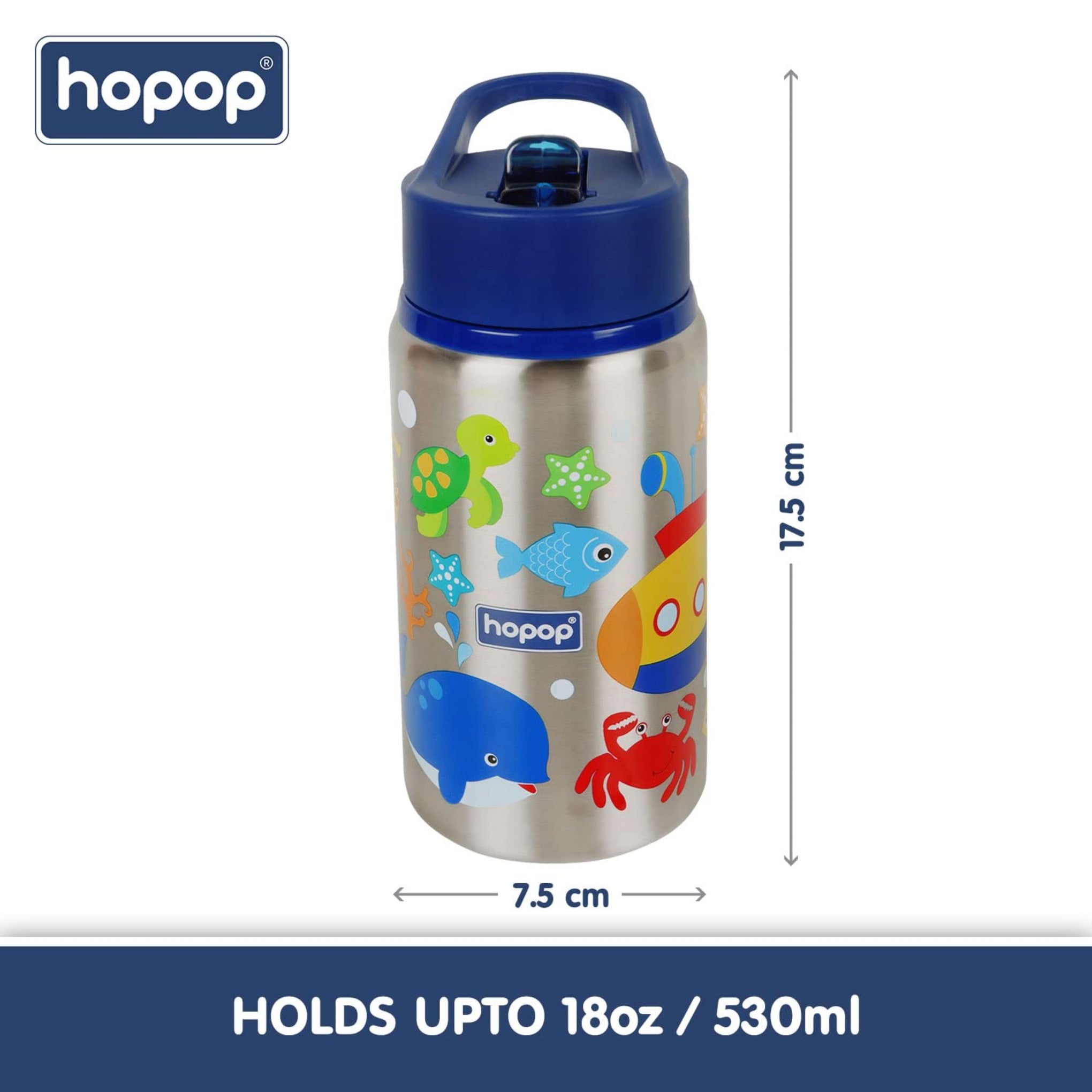 Hopop Non-Insulated Steel Straw Sipper | Flip Top Spout Single Wall Steel Sipper Bottle with Straw | Easy to Carry Handle Sipper Water Bottle for Kids | 530ml | Under The Sea