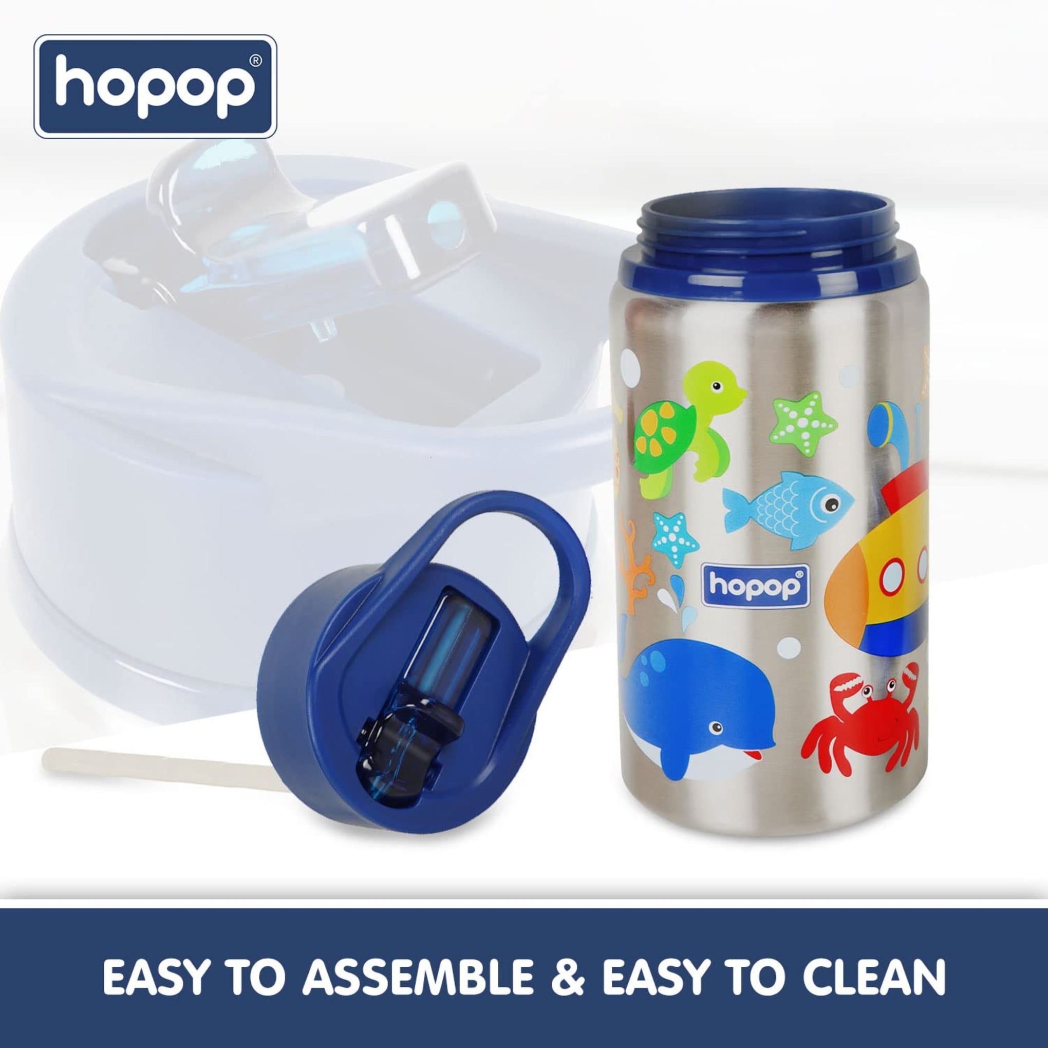Hopop Non-Insulated Steel Straw Sipper | Flip Top Spout Single Wall Steel Sipper Bottle with Straw | Easy to Carry Handle Sipper Water Bottle for Kids | 530ml | Under The Sea