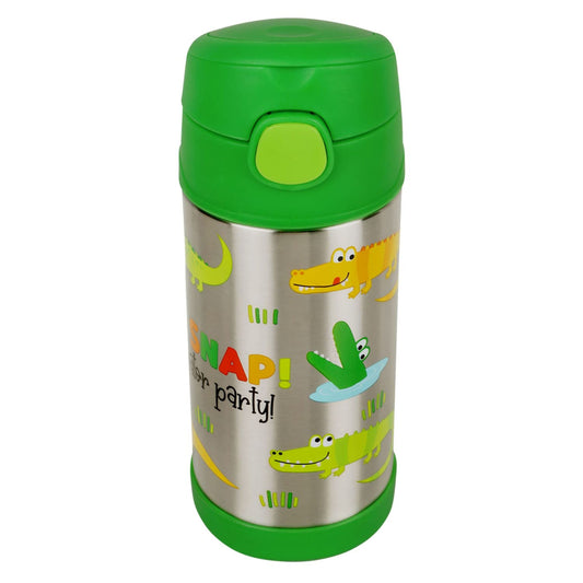 Hopop Insulated Stainless Steel Sipper Water Bottle for Kids | Double Walled Insulated Steel | Cold Water Sipper Bottle with Straw & Carry Handle | Thermos Flask | BPA Free | 300ml | Alligator