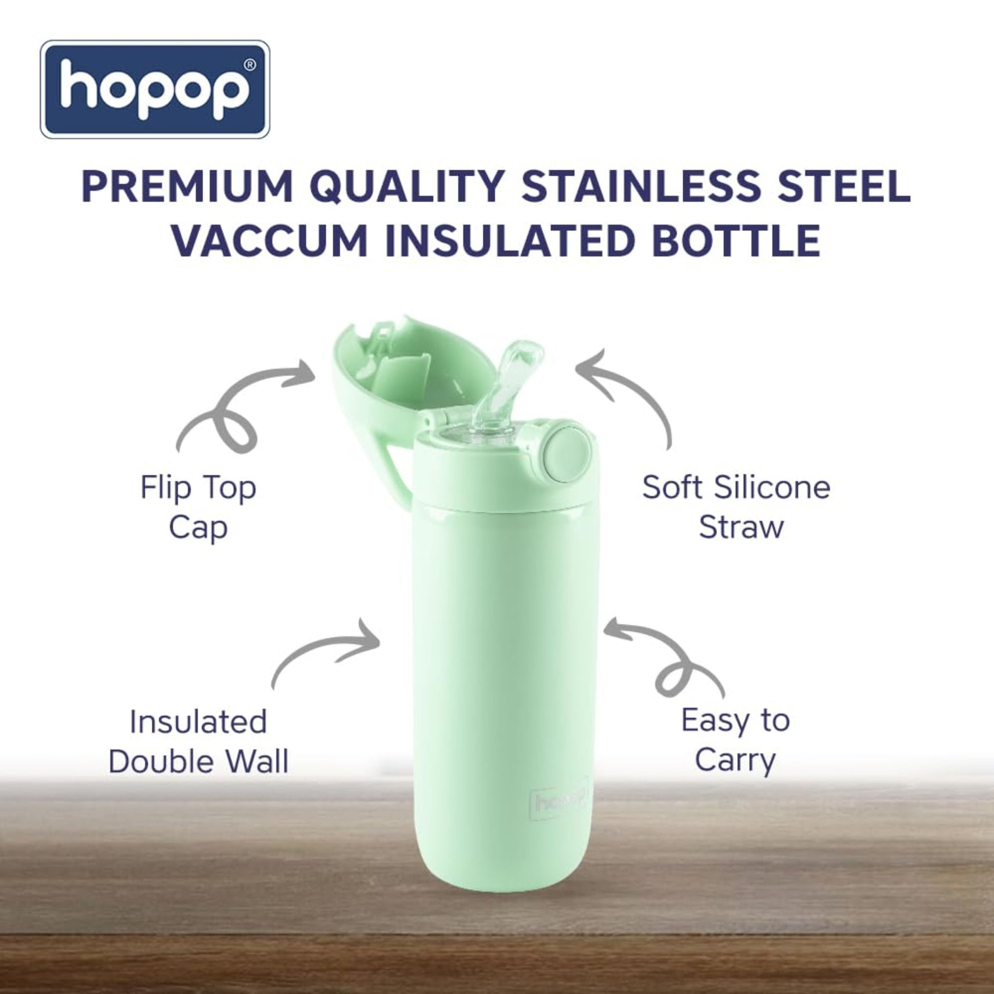 Hopop Insulated Stainless Steel Water Bottle | Double Walled Vacuum Insulated Flask Water | Thermosteel Hot and Cold Sipper Bottle with Carry Handle | BPA Free | 380ml | Green