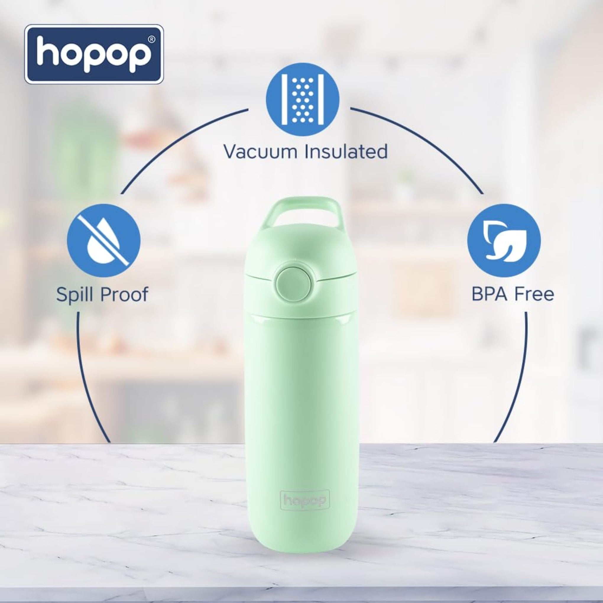 Hopop Insulated Stainless Steel Water Bottle | Double Walled Vacuum Insulated Flask Water | Thermosteel Hot and Cold Sipper Bottle with Carry Handle | BPA Free | 380ml | Green