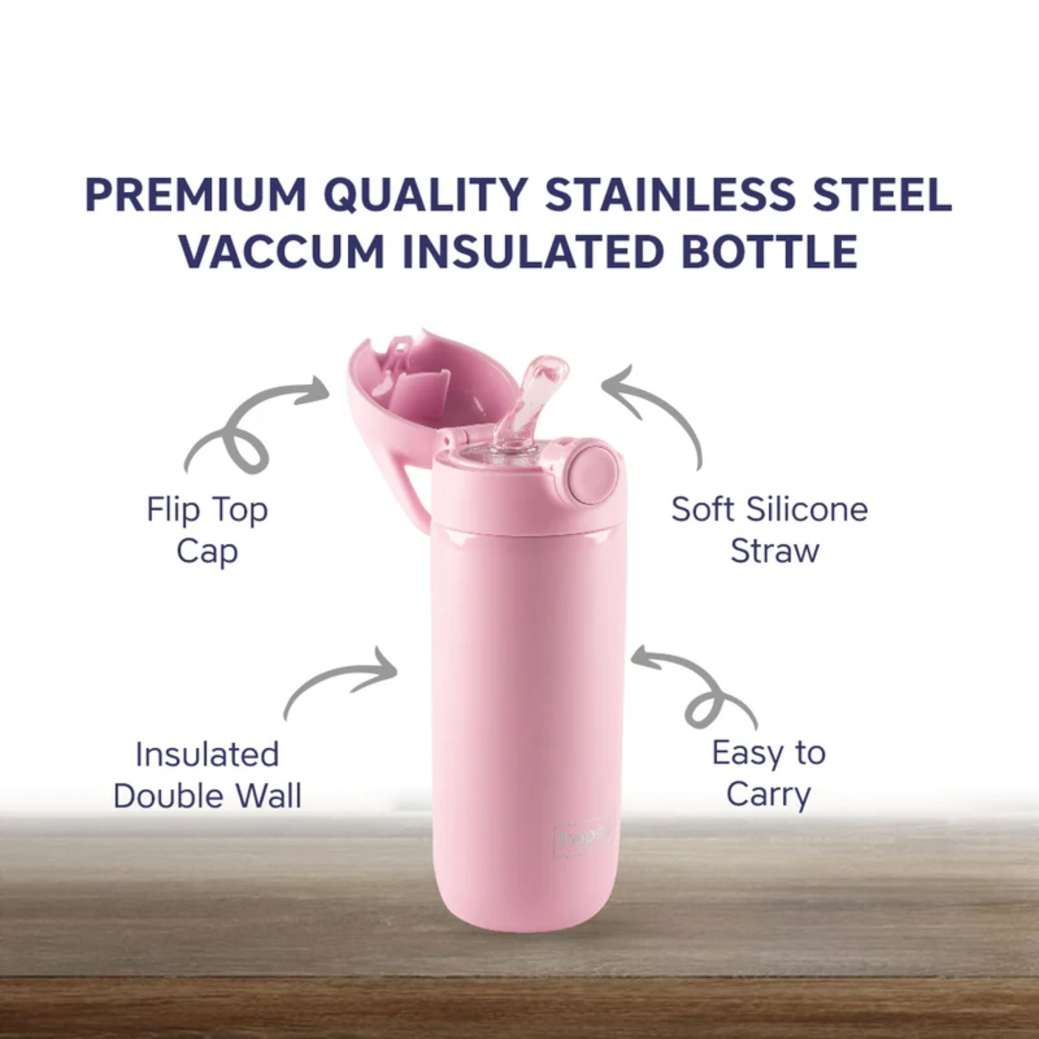 Hopop Insulated Stainless Steel Water Bottle | Double Walled Vacuum Insulated Flask Water | Thermosteel Hot and Cold Sipper Bottle with Carry Handle | BPA Free | 380ml | pink