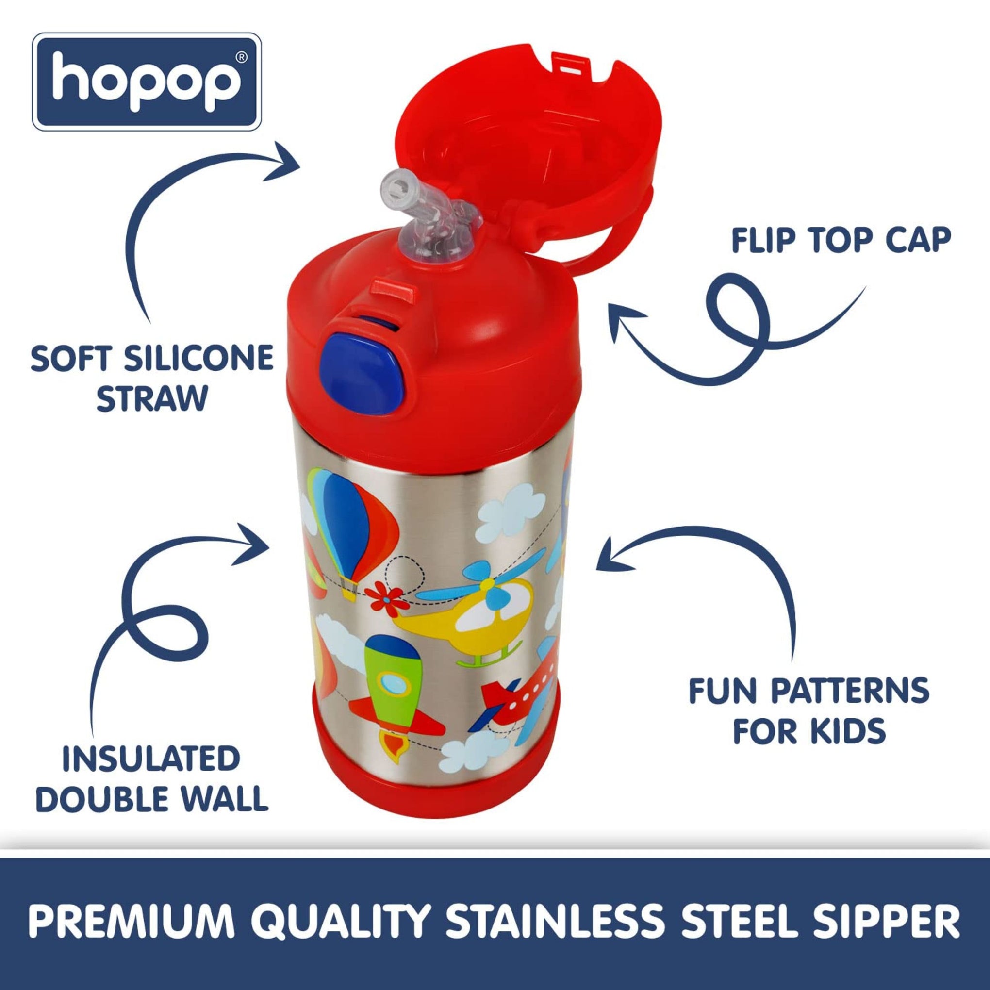 Hopop Insulated Stainless Steel Sipper Water Bottle for Kids | Double Walled Insulated Steel | Cold Water Sipper Bottle with Straw & Carry Handle | Thermos Flask | BPA Free | 300ml | Fly High