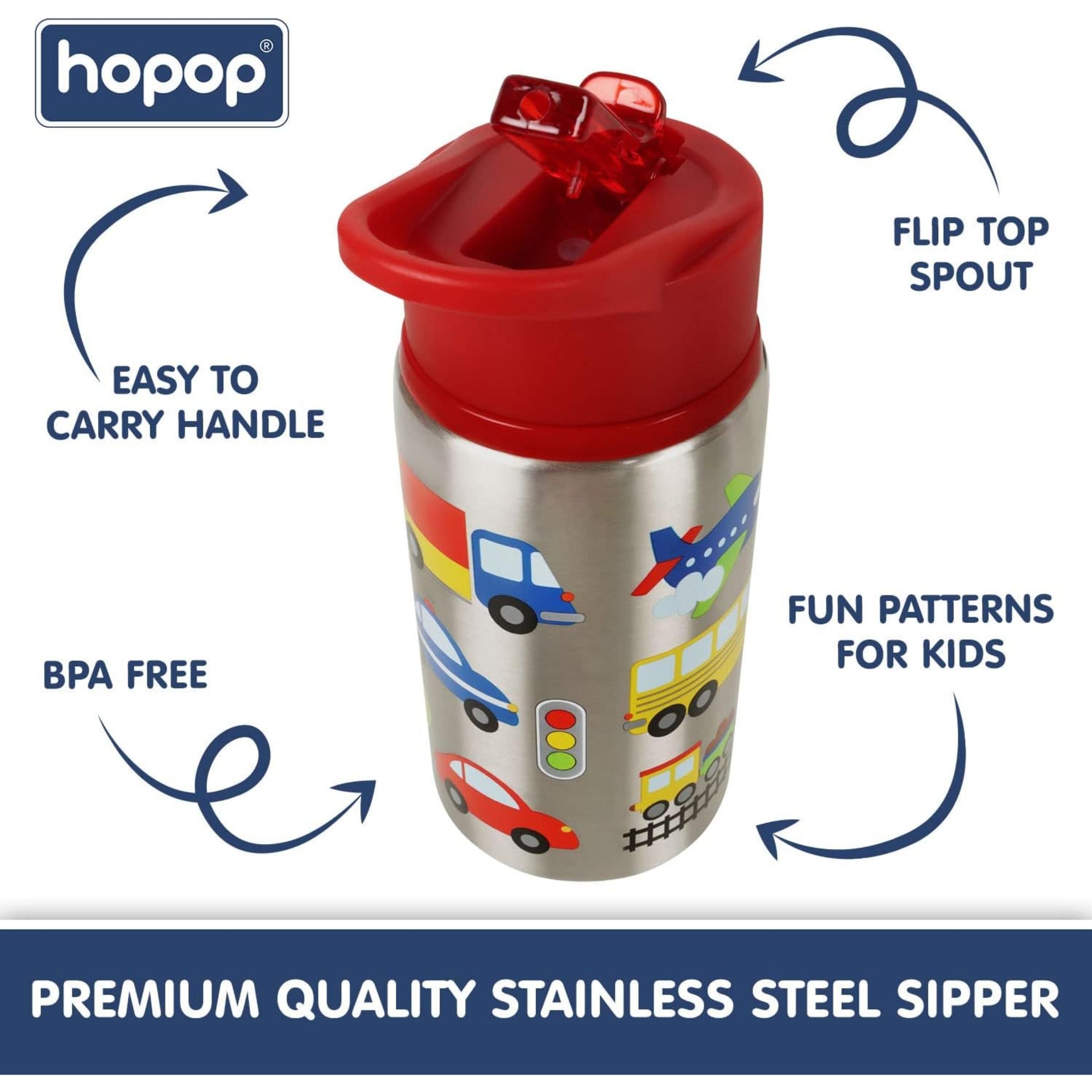 hopop Non-Insulated Flip Top Spout Steel Sipper with Straw, Single Wall Steel Sipper 530ml (Transport)