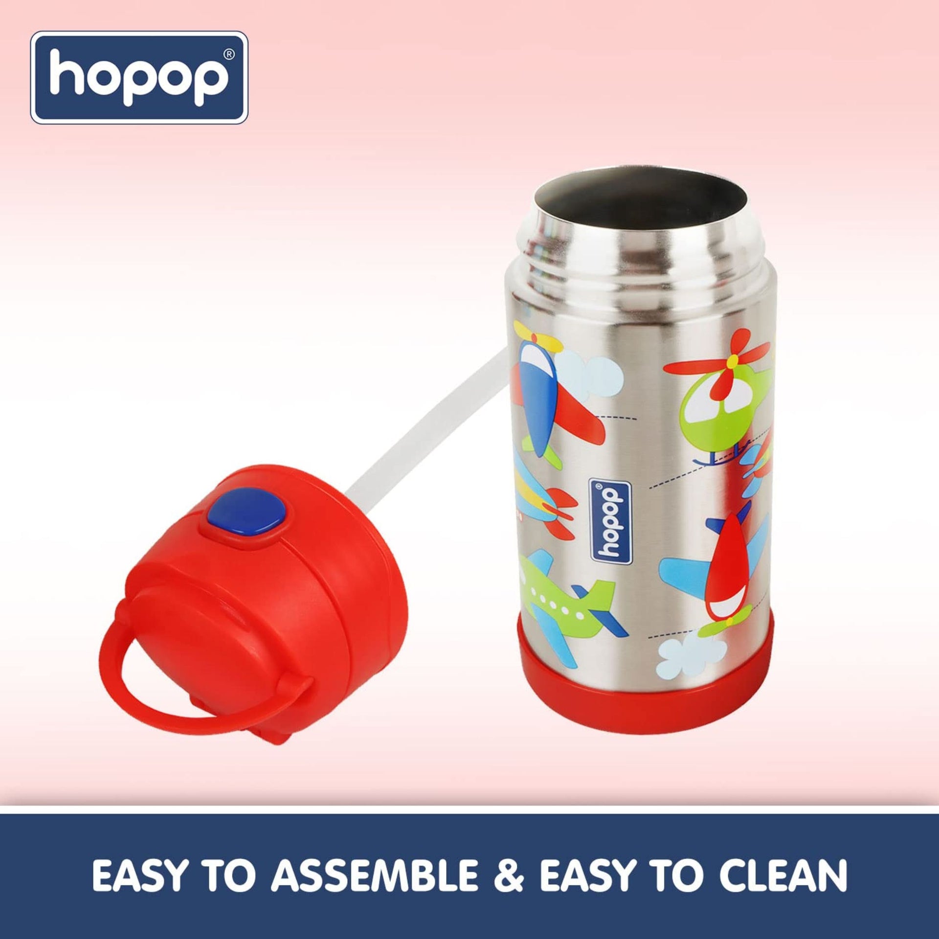 Hopop Insulated Stainless Steel Sipper Water Bottle for Kids | Double Walled Insulated Steel | Cold Water Sipper Bottle with Straw & Carry Handle | Thermos Flask | BPA Free | 300ml | Fly High