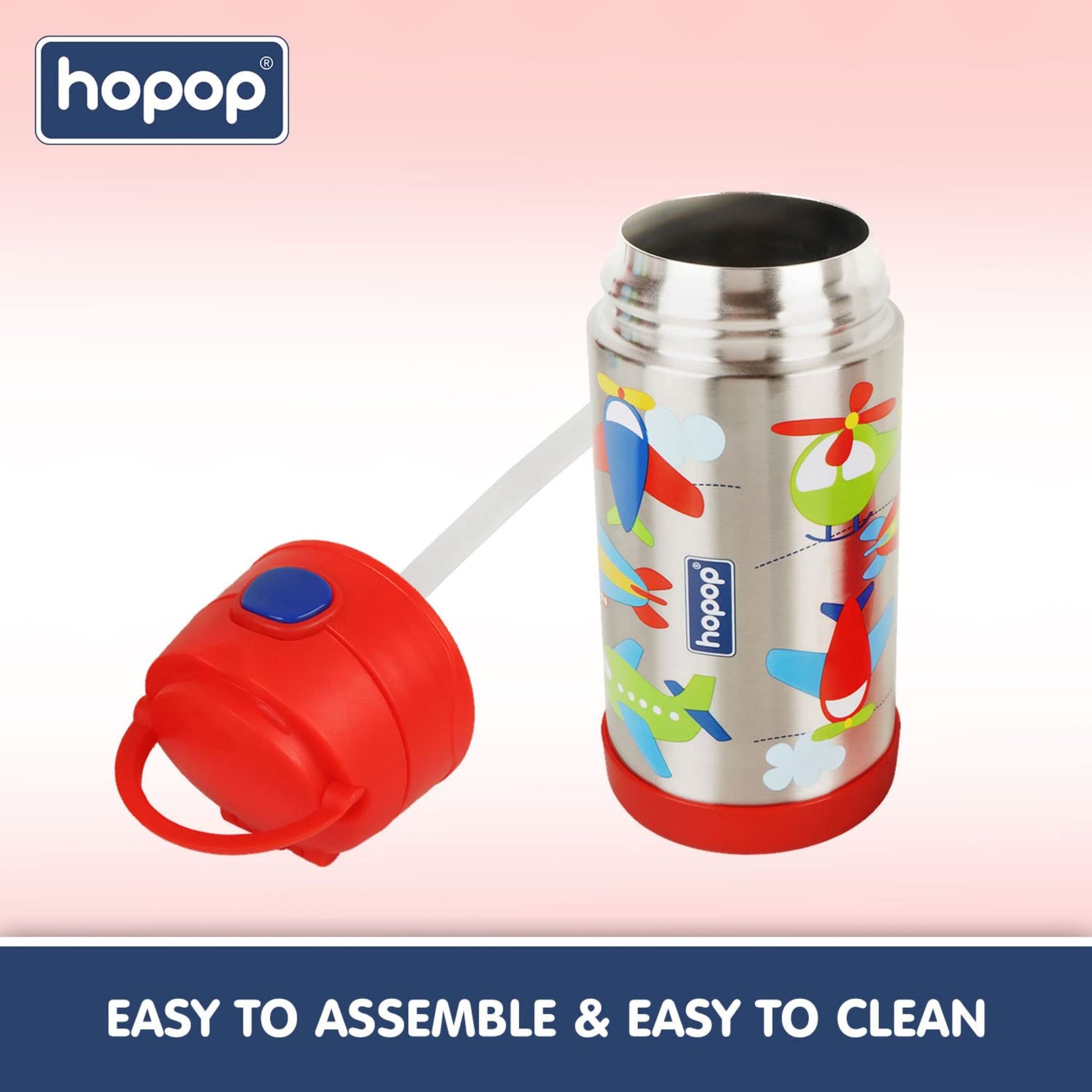 Hopop Insulated Stainless Steel Sipper Water Bottle for Kids | Double Walled Insulated Steel | Cold Water Sipper Bottle with Straw & Carry Handle | Thermos Flask | BPA Free | 300ml | Fly High