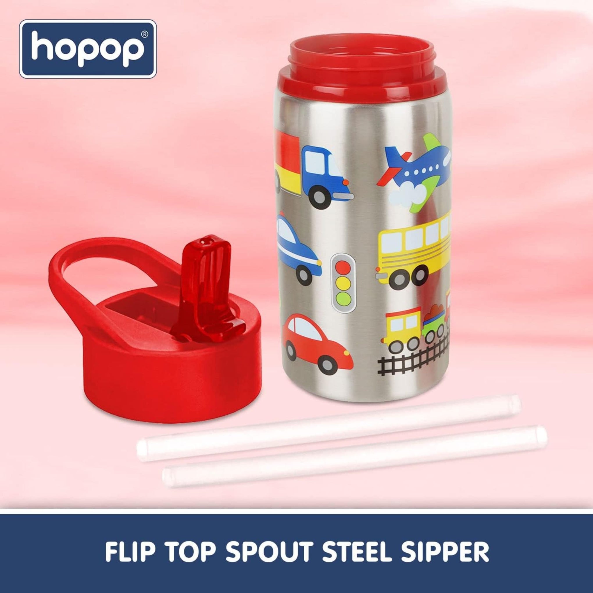 hopop Non-Insulated Flip Top Spout Steel Sipper with Straw, Single Wall Steel Sipper 530ml (Transport)