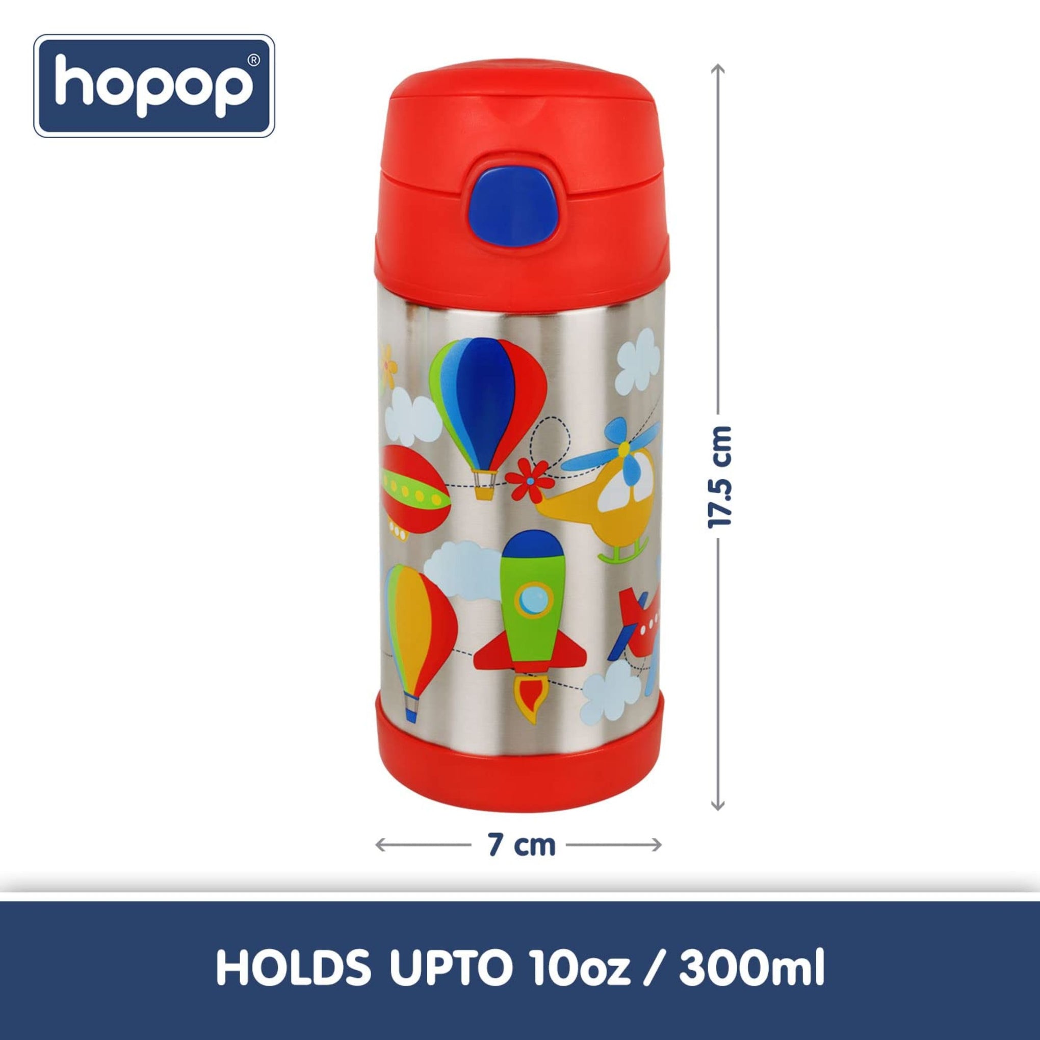 Hopop Insulated Stainless Steel Sipper Water Bottle for Kids | Double Walled Insulated Steel | Cold Water Sipper Bottle with Straw & Carry Handle | Thermos Flask | BPA Free | 300ml | Fly High
