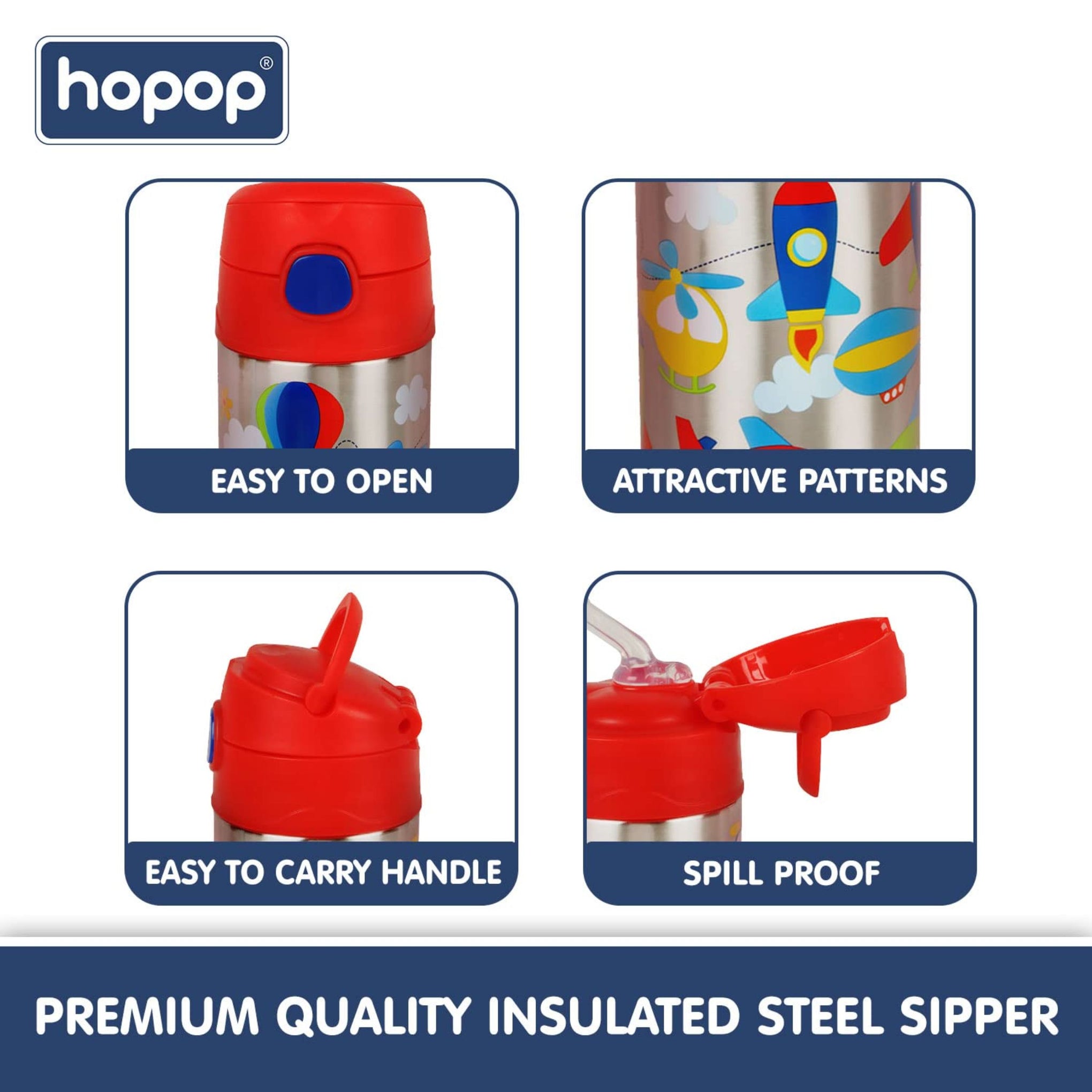 Hopop Insulated Stainless Steel Sipper Water Bottle for Kids | Double Walled Insulated Steel | Cold Water Sipper Bottle with Straw & Carry Handle | Thermos Flask | BPA Free | 300ml | Fly High