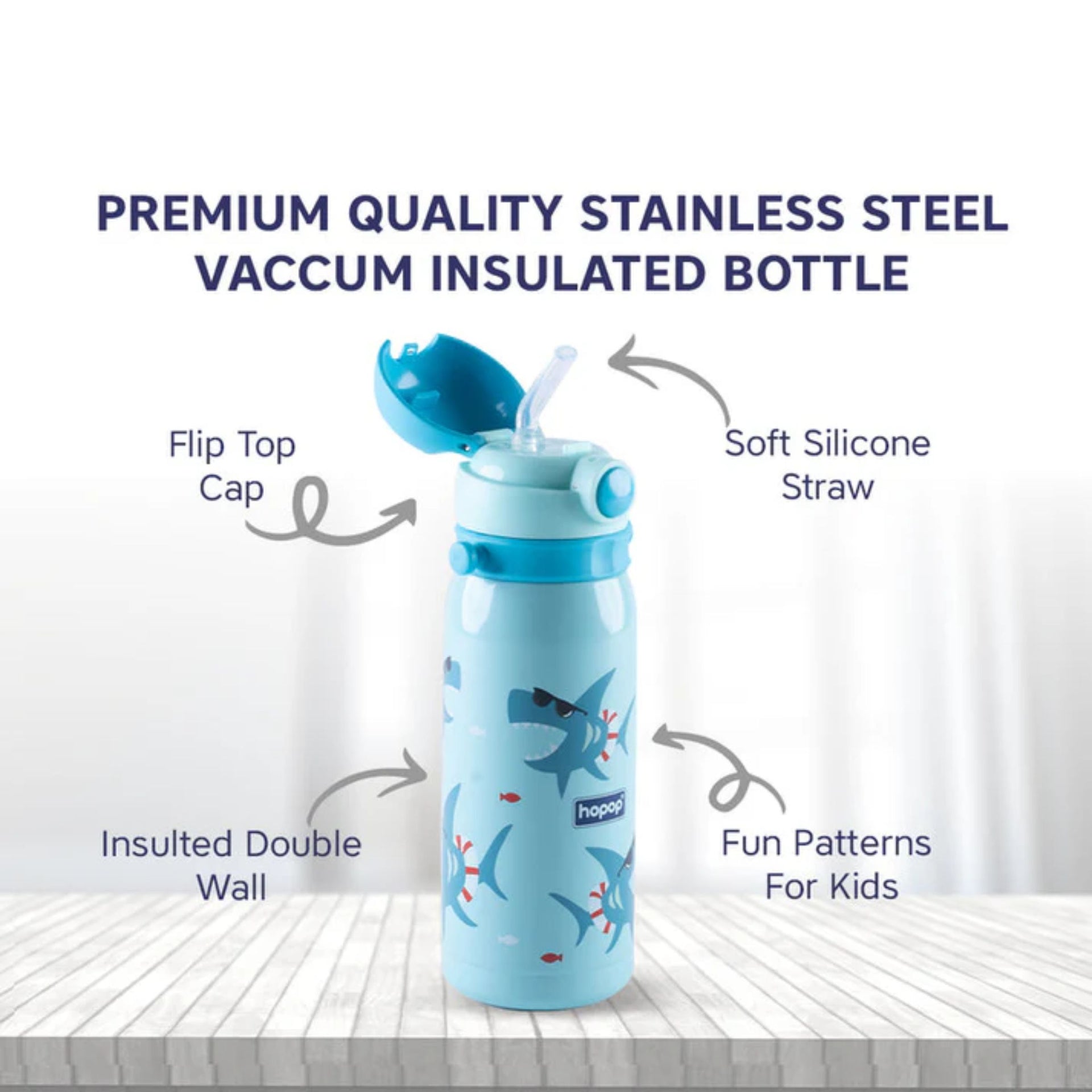 Hopop Stainless Steel Vacuum Bottle-Double Walled Insulation-With Carry Handle-450 ml-Green