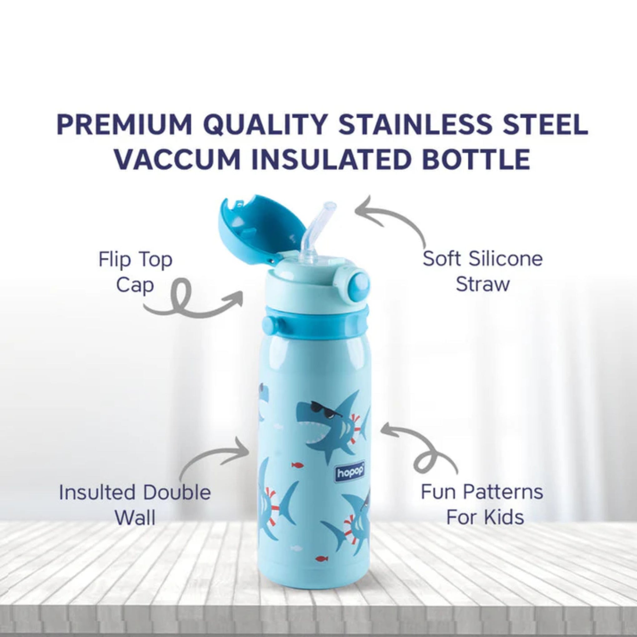 Hopop Stainless Steel Vacuum Bottle-Double Walled Insulation-With Carry Handle-450 ml-Green