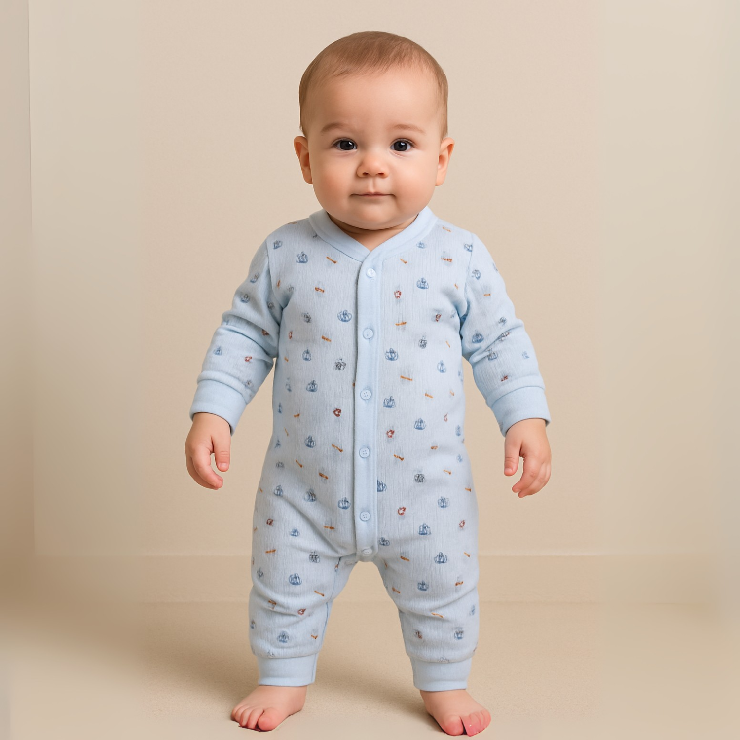 Baby wearing a light blue onesie with small patterns on a beige background