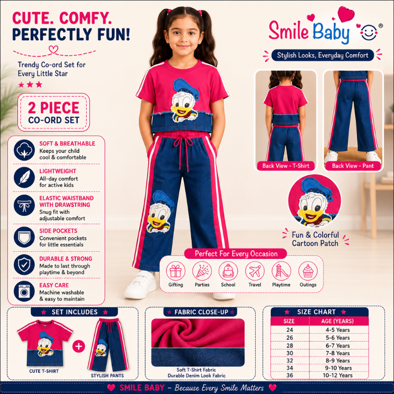 Girls Pink Duck Print Denim Look Co-Ord Set | Smile Baby