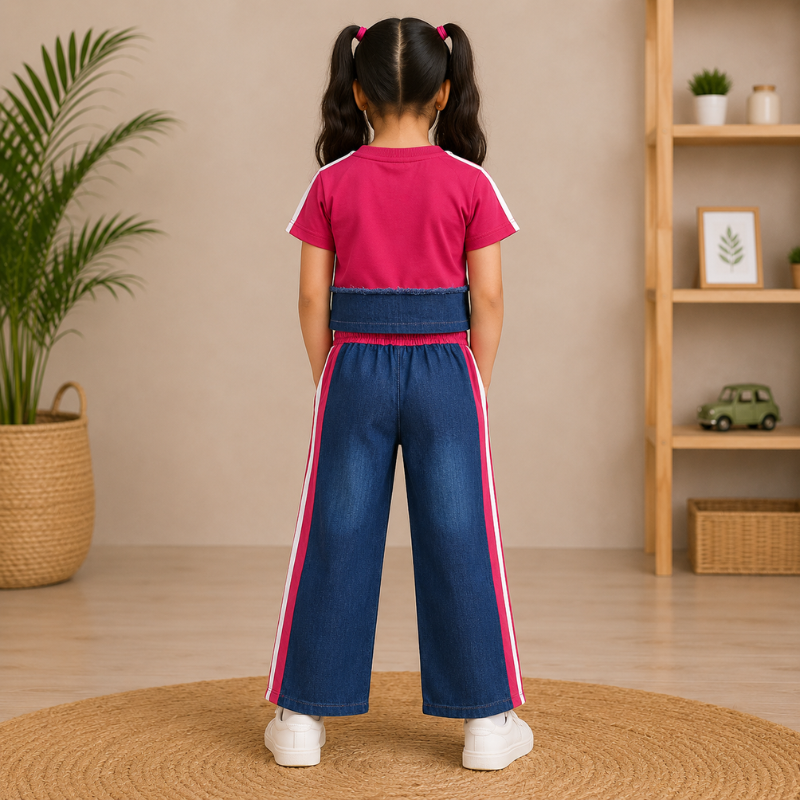 Girls Pink Duck Print Denim Look Co-Ord Set | Smile Baby