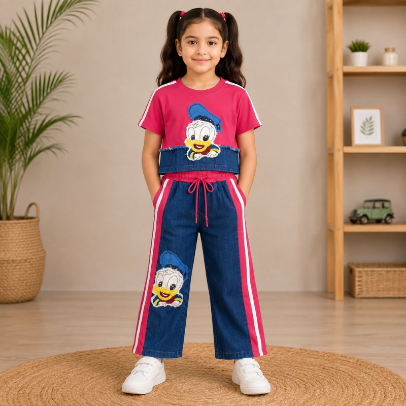 Girls Pink Duck Print Denim Look Co-Ord Set | Smile Baby