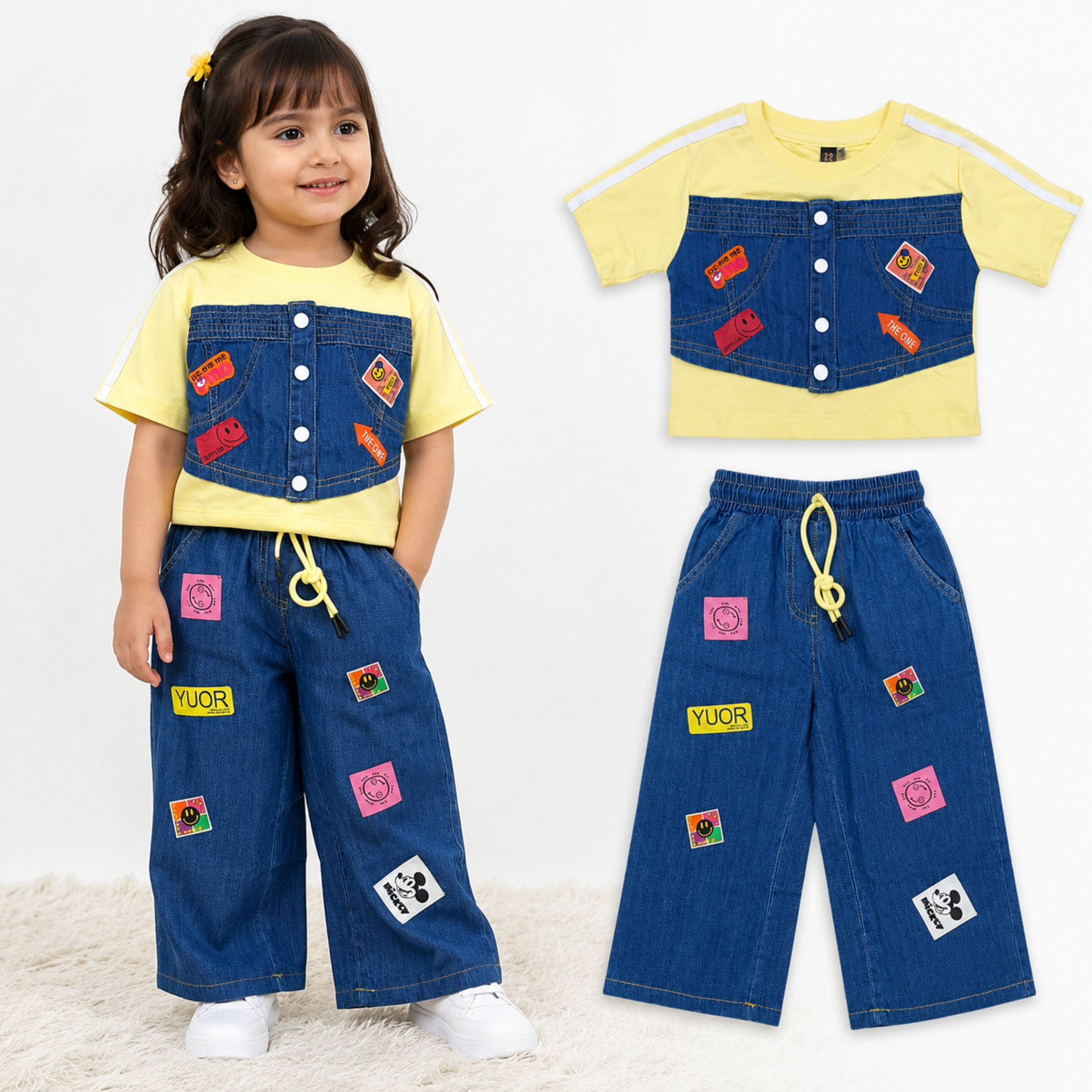 Smile Baby Girls Denim Look Co-Ord Set | Yellow Cotton T-Shirt with Denim Style Top & Wide-Leg Pants | Soft & Comfortable Kids Outfit | Age 3–12 Years (Size 22–36)