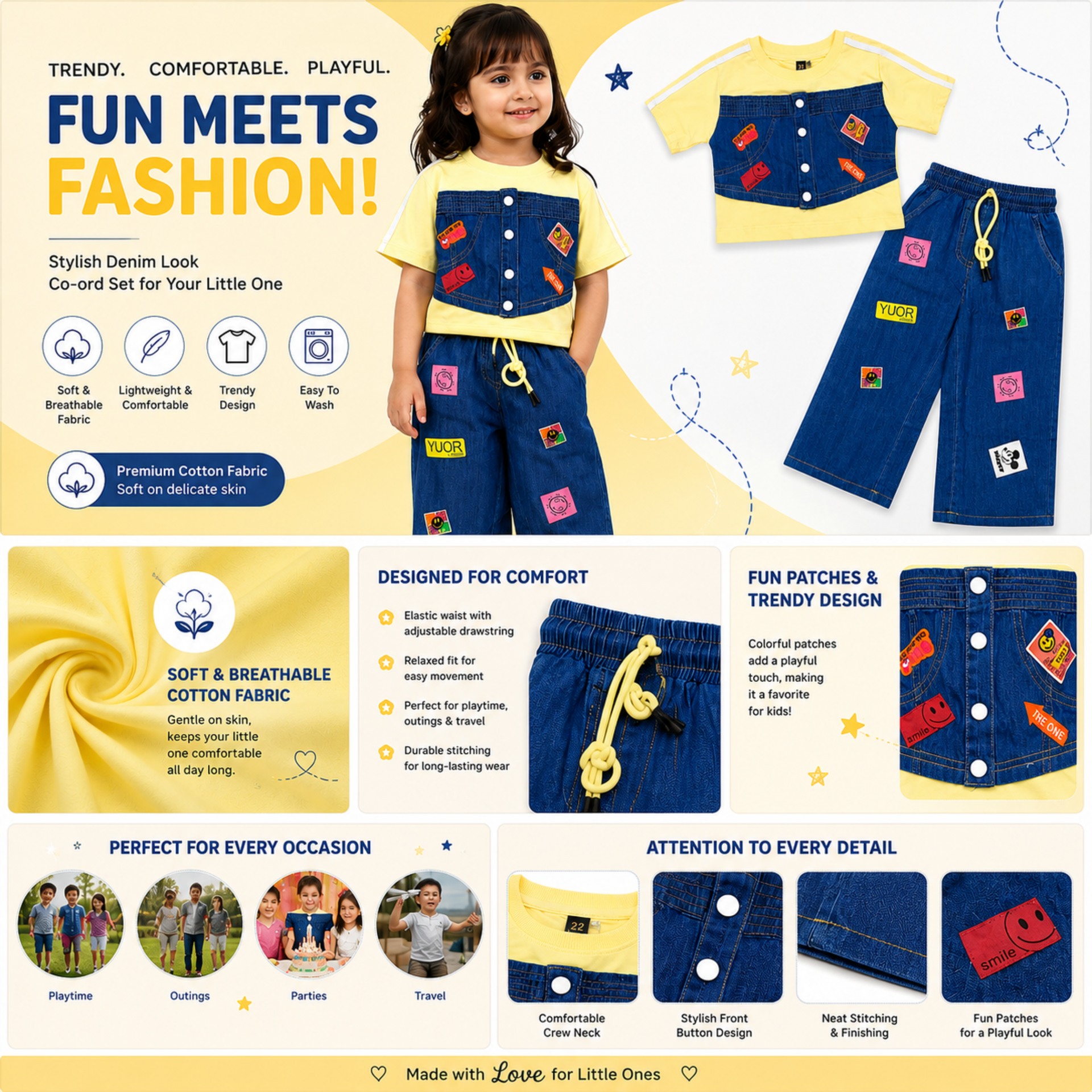Smile Baby Girls Denim Look Co-Ord Set | Yellow Cotton T-Shirt with Denim Style Top & Wide-Leg Pants | Soft & Comfortable Kids Outfit | Age 3–12 Years (Size 22–36)