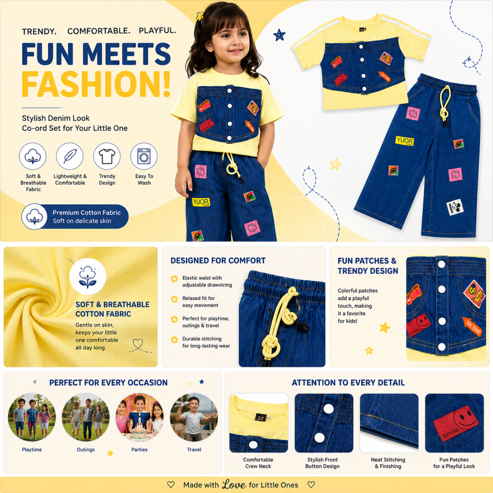 Smile Baby Girls Denim Look Co-Ord Set | Yellow Cotton T-Shirt with Denim Style Top & Wide-Leg Pants | Soft & Comfortable Kids Outfit | Age 3–12 Years (Size 22–36)