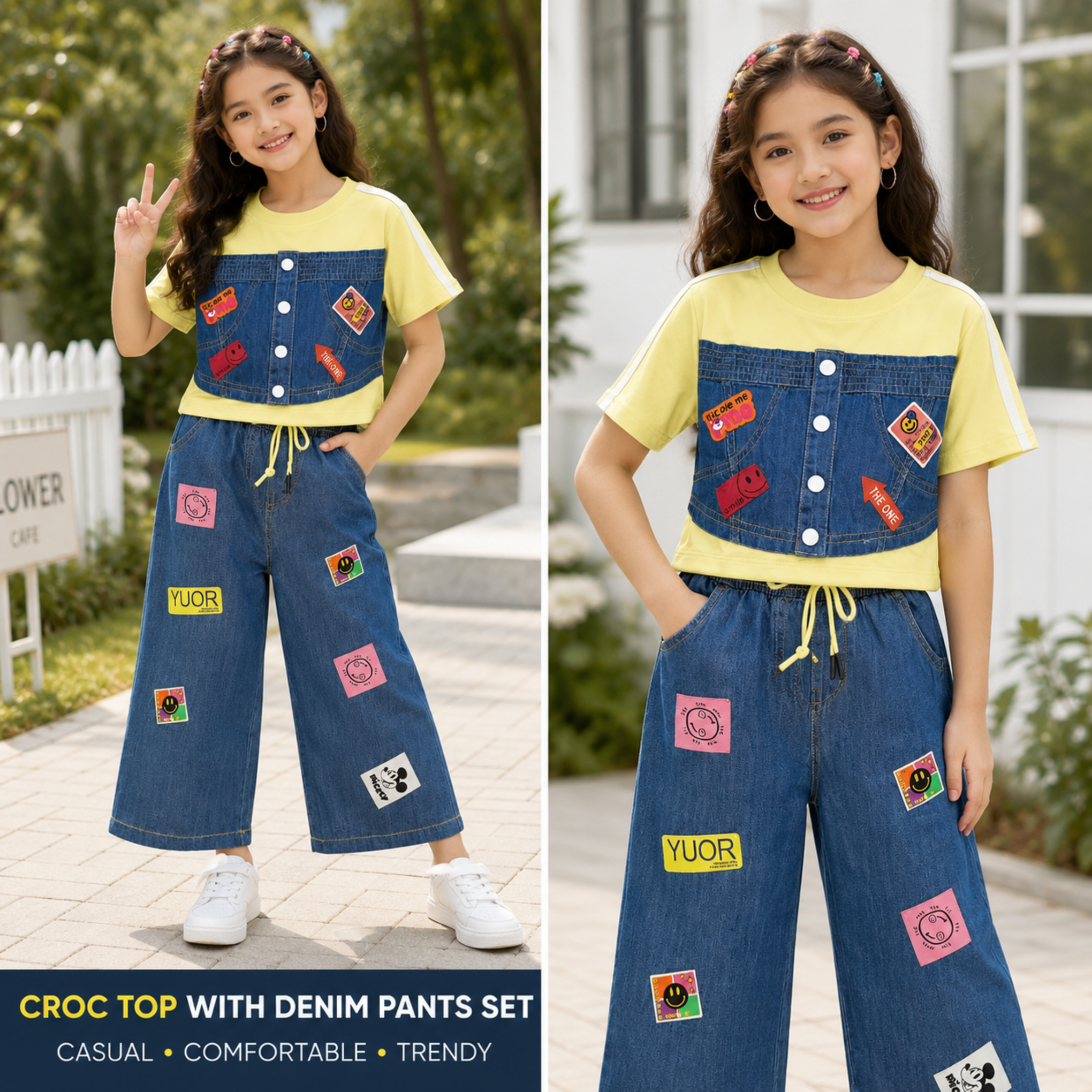 Smile Baby Girls Denim Look Co-Ord Set | Yellow Cotton T-Shirt with Denim Style Top & Wide-Leg Pants | Soft & Comfortable Kids Outfit | Age 3–12 Years (Size 22–36)