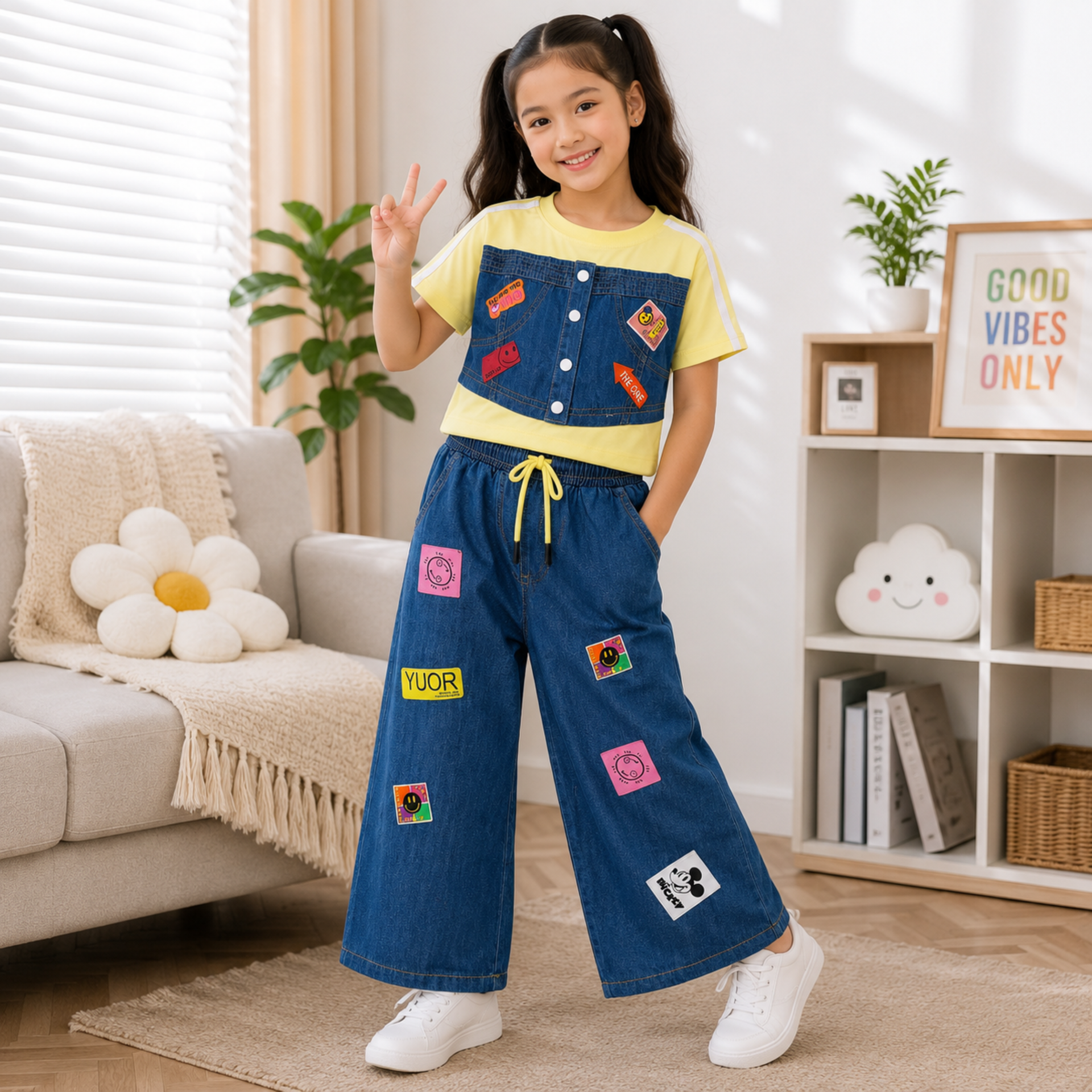 Smile Baby Girls Denim Look Co-Ord Set | Yellow Cotton T-Shirt with Denim Style Top & Wide-Leg Pants | Soft & Comfortable Kids Outfit | Age 3–12 Years (Size 22–36)