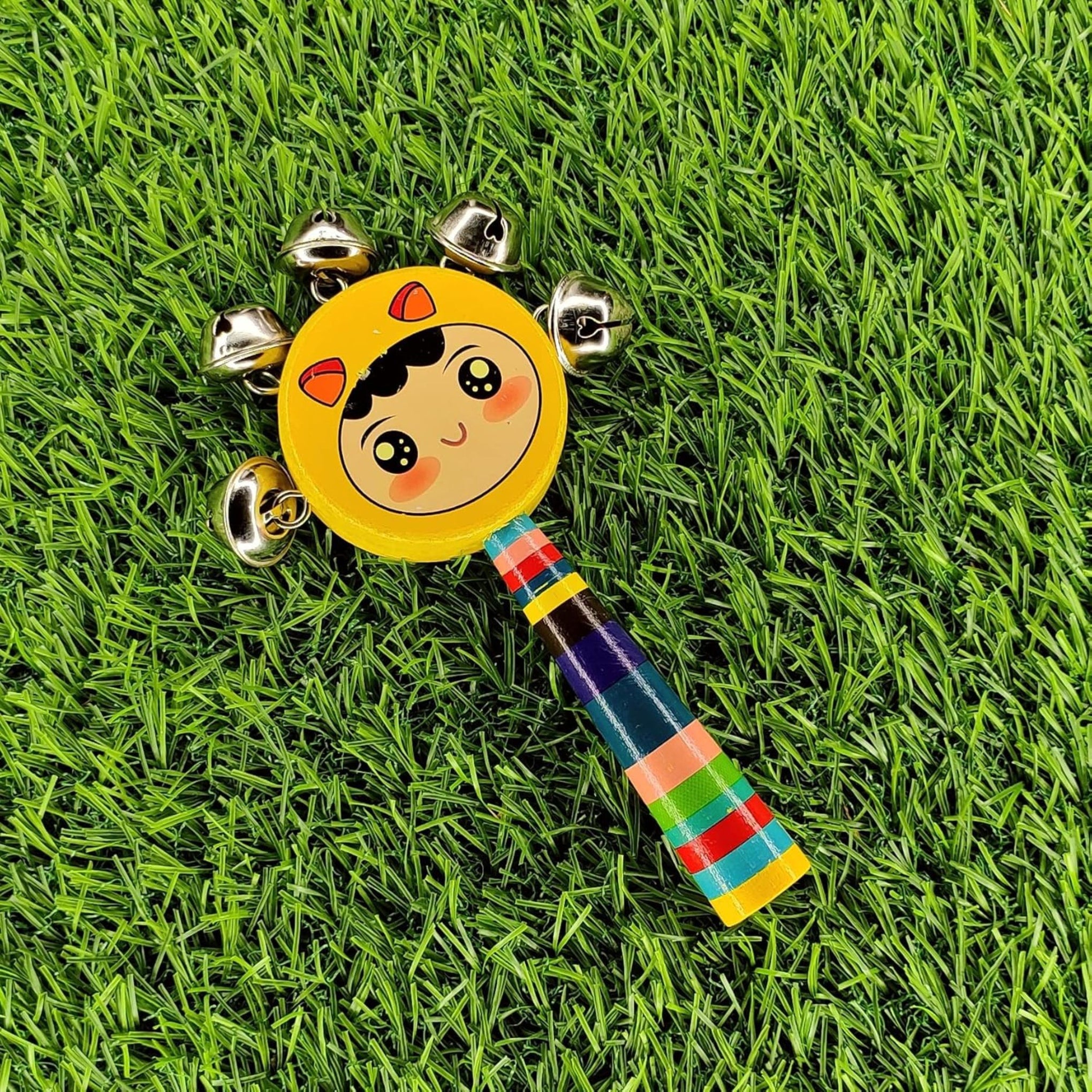 Smile Baby Colorful Wooden round smiley face printed Baby Handle Jingle Bell Rattle Toys jhun jhuna (yellow color)