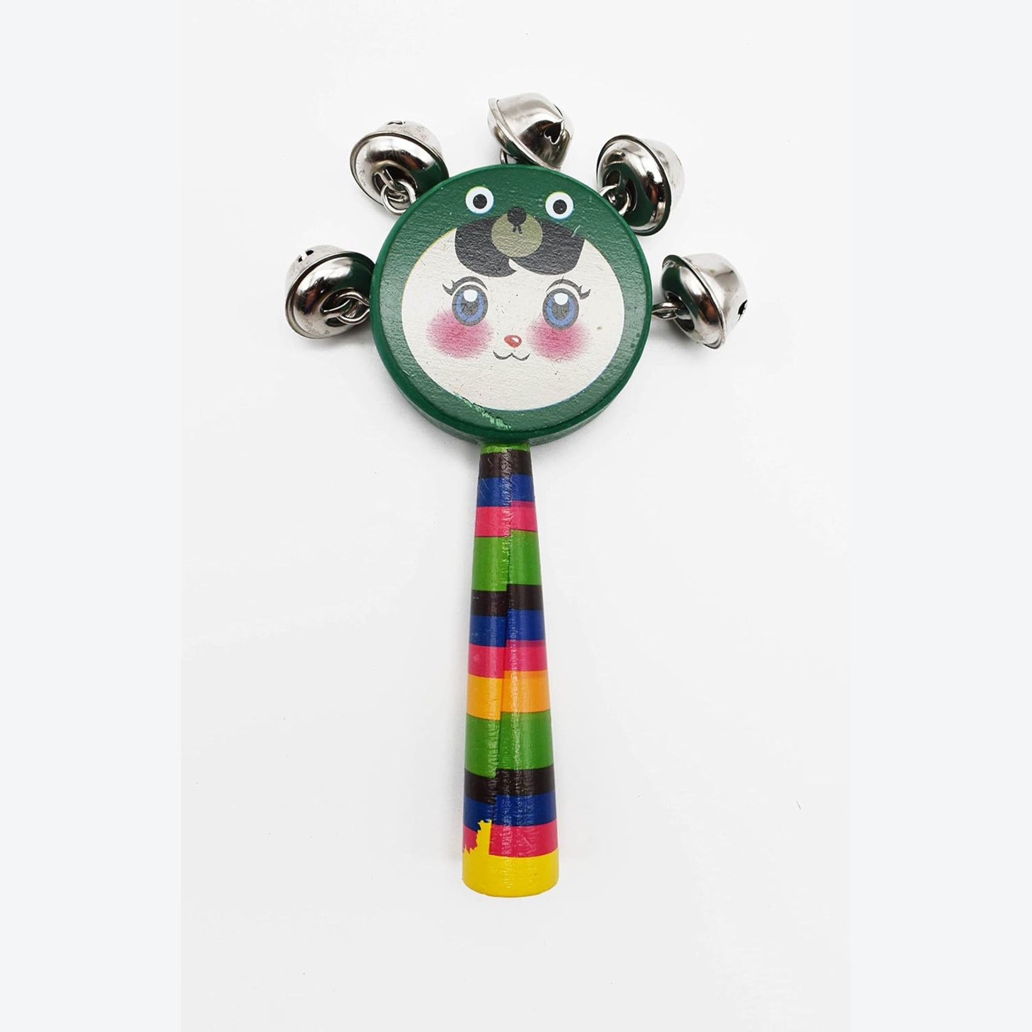 Smile Baby Colorful Wooden round smiley face printed Baby Handle Jingle Bell Rattle Toys jhun jhuna (green color)