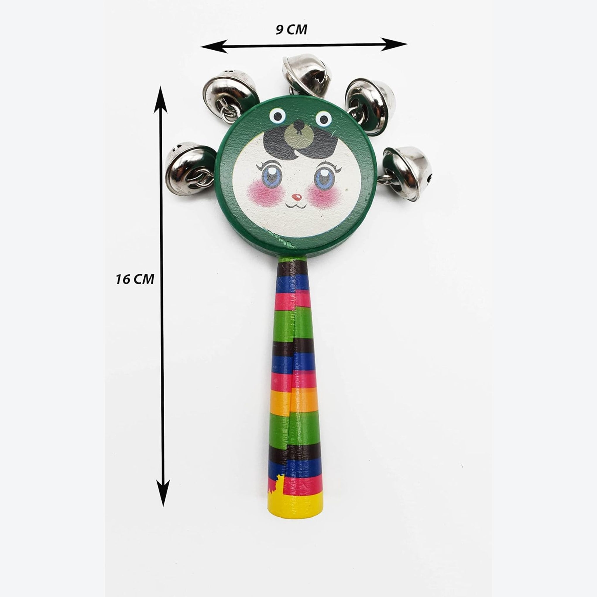 Smile Baby Colorful Wooden round smiley face printed Baby Handle Jingle Bell Rattle Toys jhun jhuna (green color)