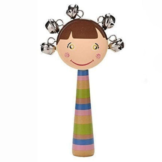 Smile Baby Colorful Wooden round smiley face printed Baby Handle Jingle Bell Rattle Toys jhun jhuna (coffee  color)