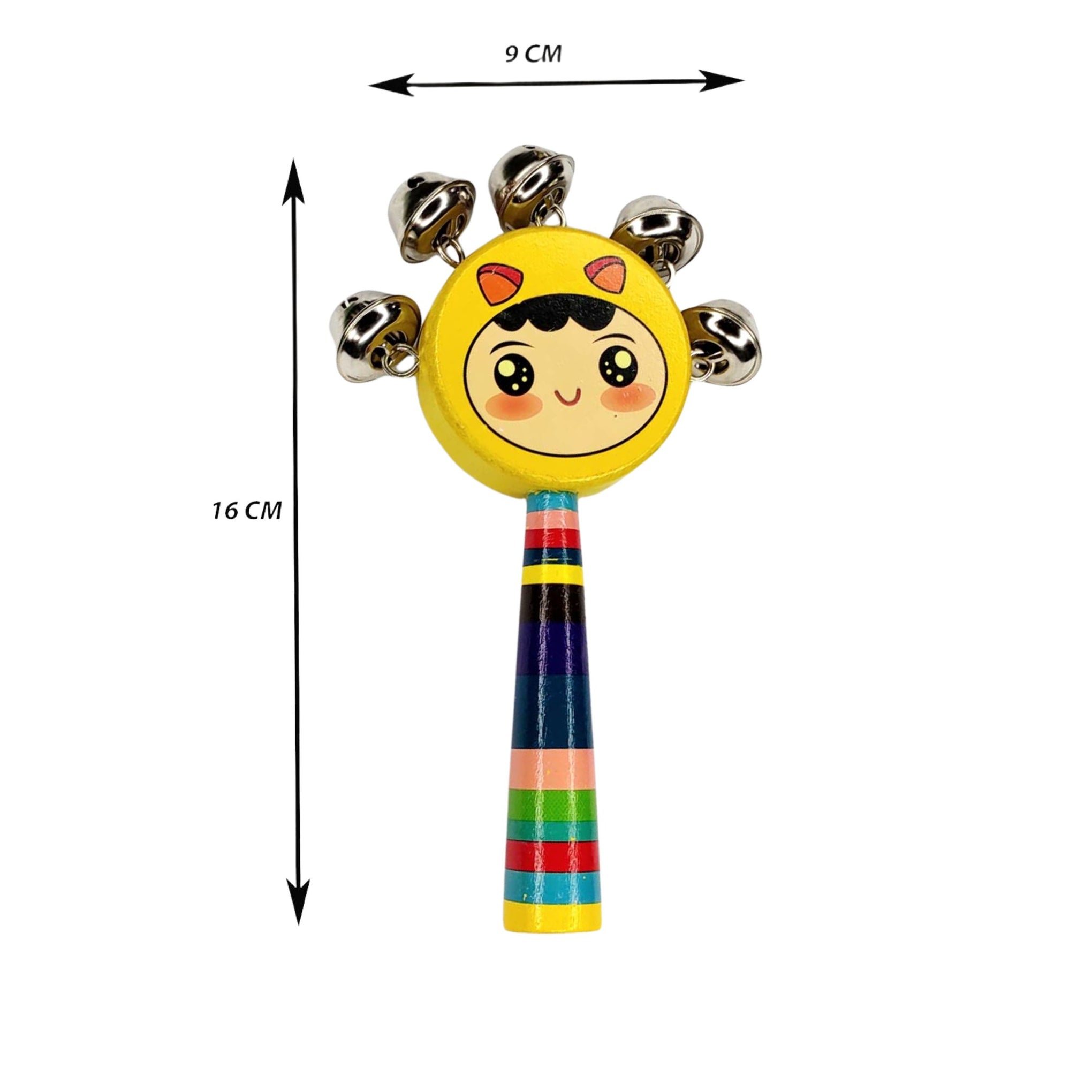 Smile Baby Colorful Wooden round smiley face printed Baby Handle Jingle Bell Rattle Toys jhun jhuna (yellow color)