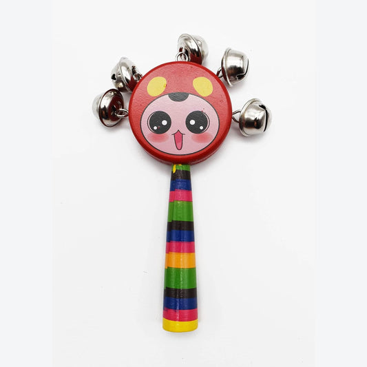 Smile Baby Colorful Wooden round smiley face printed Baby Handle Jingle Bell Rattle Toys jhun jhuna (red color)