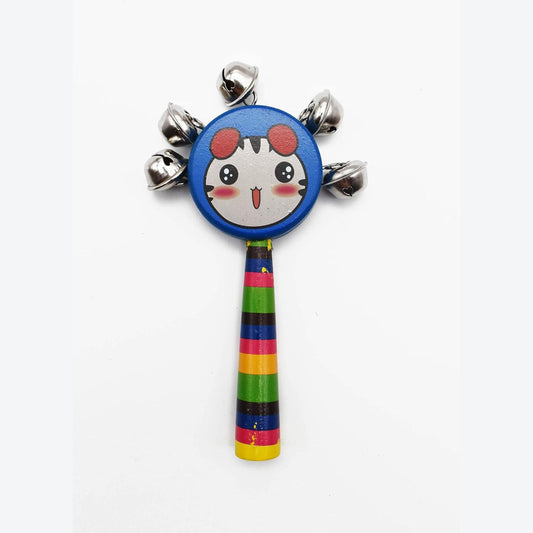 Smile Baby Colorful Wooden round smiley face printed Baby Handle Jingle Bell Rattle Toys jhun jhuna ( blue color)