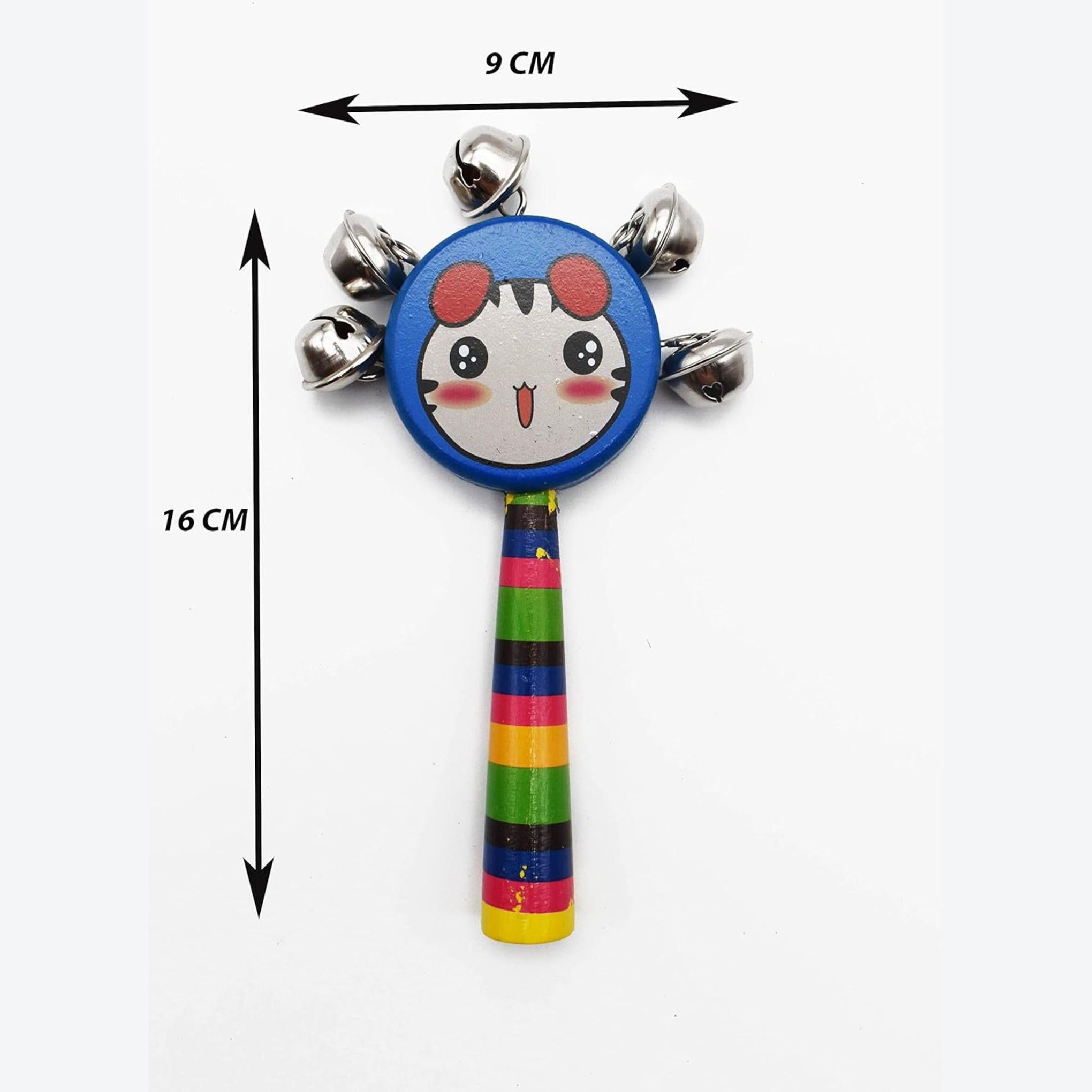 Smile Baby Colorful Wooden round smiley face printed Baby Handle Jingle Bell Rattle Toys jhun jhuna ( blue color)