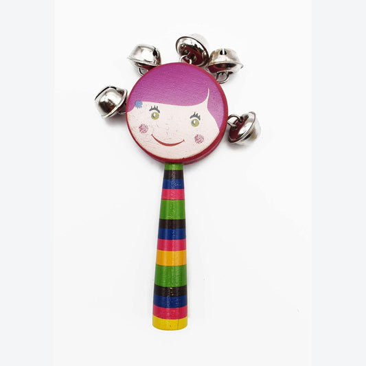 Smile Baby Colorful Wooden round smiley face printed Baby Handle Jingle Bell Rattle Toys jhun jhuna (pink color)