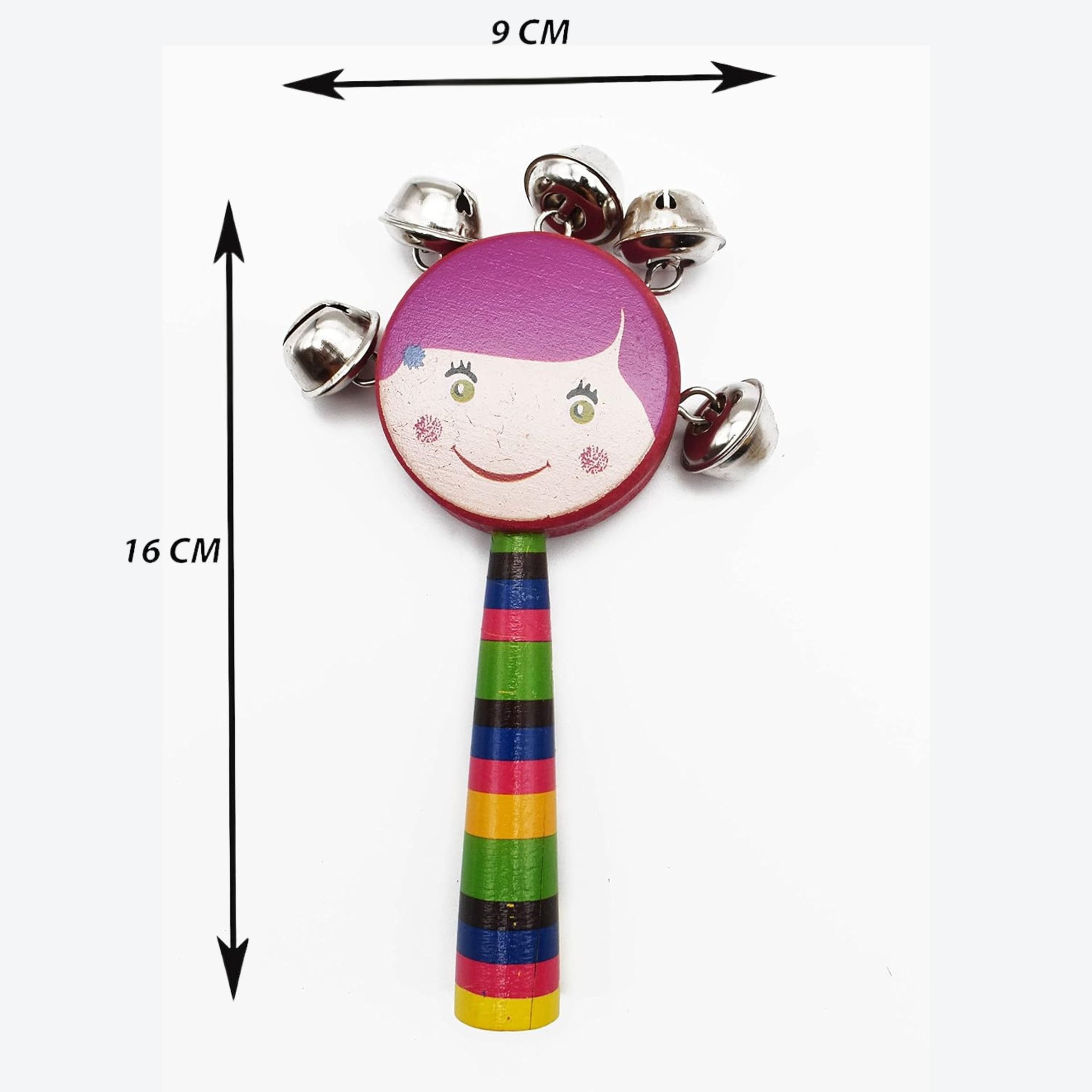 Smile Baby Colorful Wooden round smiley face printed Baby Handle Jingle Bell Rattle Toys jhun jhuna (pink color)