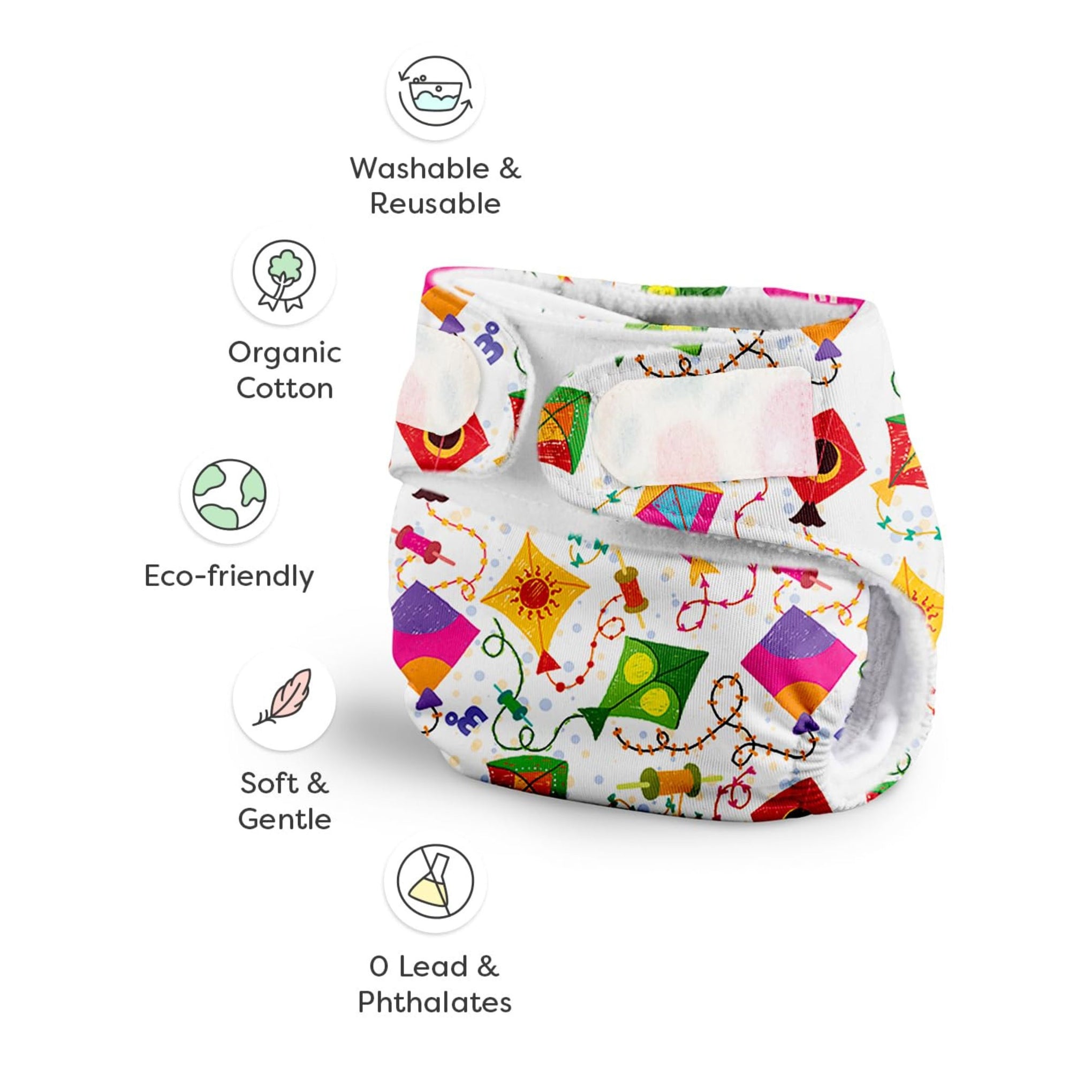 SUPER BOTTOMS Reusable Cloth Diaper with Absorbent Inserts – Kite Print Soft Washable Nappy for Babies