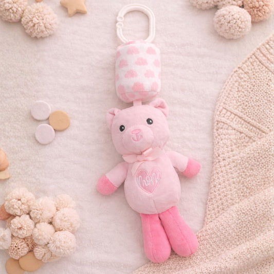 Soft Plush Pink Teddy Baby Hanging Toy with Clip | Cute Musical & Sensory Toy for Newborns | Stroller, Crib & Car Seat Toy