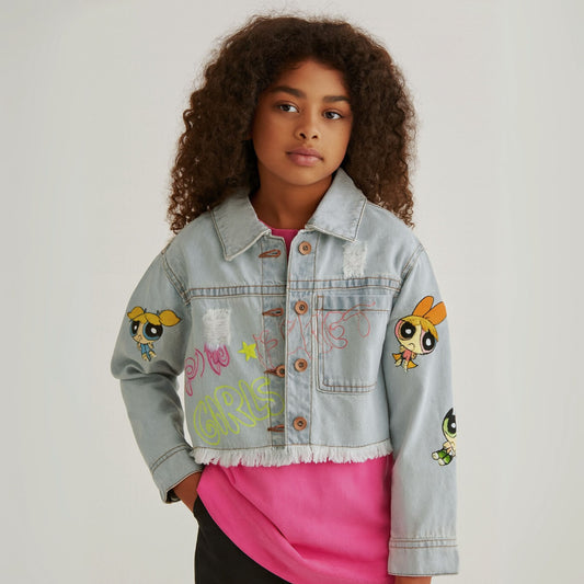 Reverse X-Treme Girls Light Blue Denim Jacket – Powerpuff Girls & Sequin Crown (Age 4–12 Years)