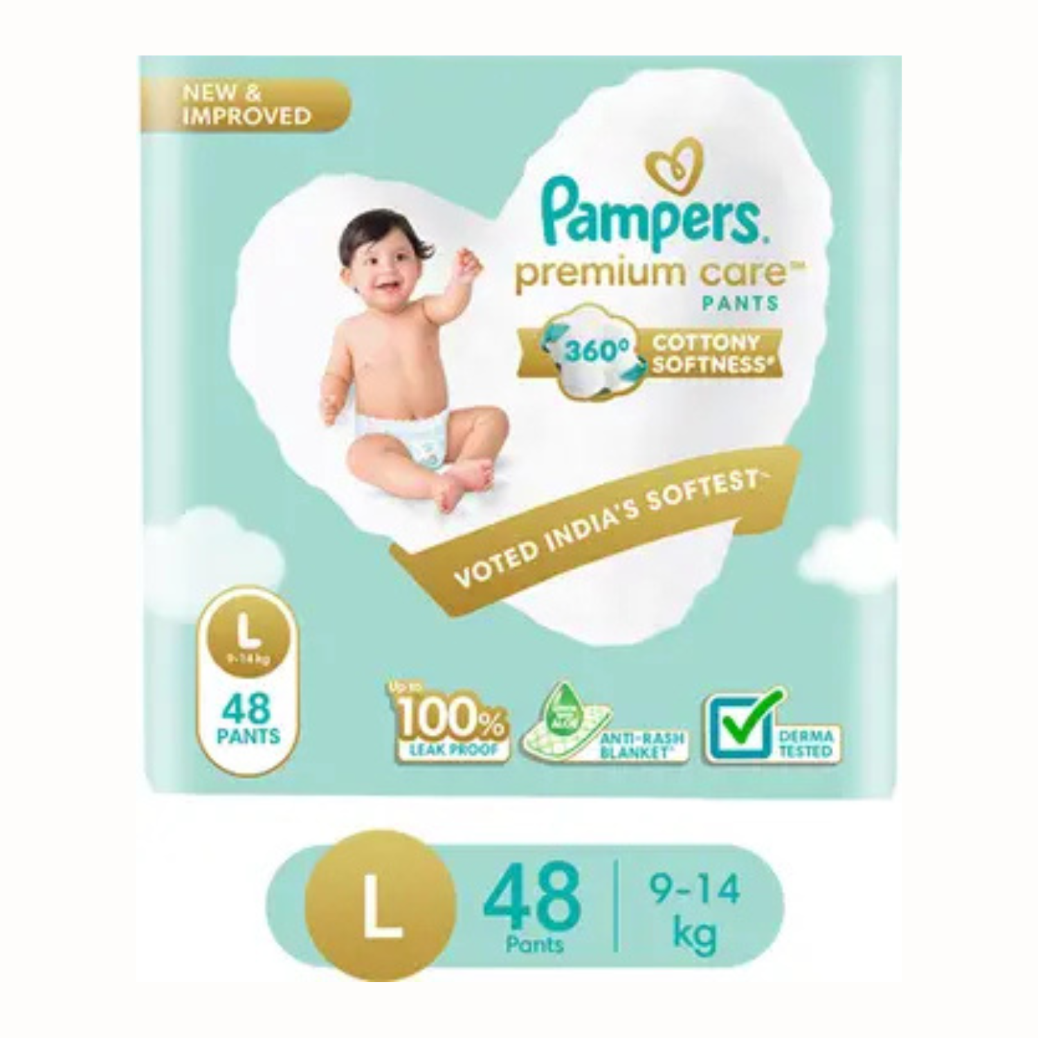 Pampers Premium Care Pant Style Baby Diapers, Large (L-9-14kg) All-in-1 with 360 Cottony Softness Diapers
