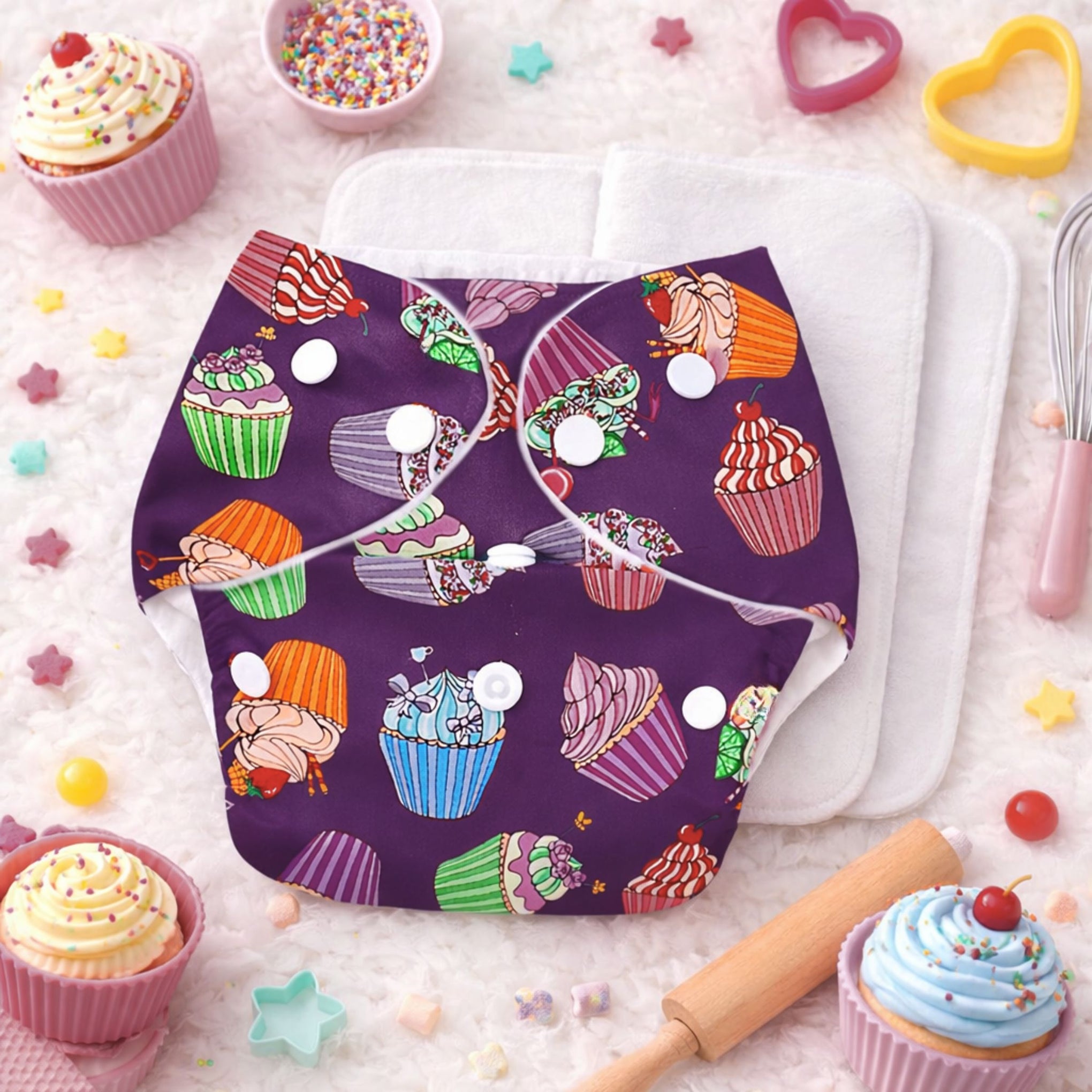 SuperBottoms Super Bottoms Basic Reusable Cloth Diaper Cupcake Print- Multicolor