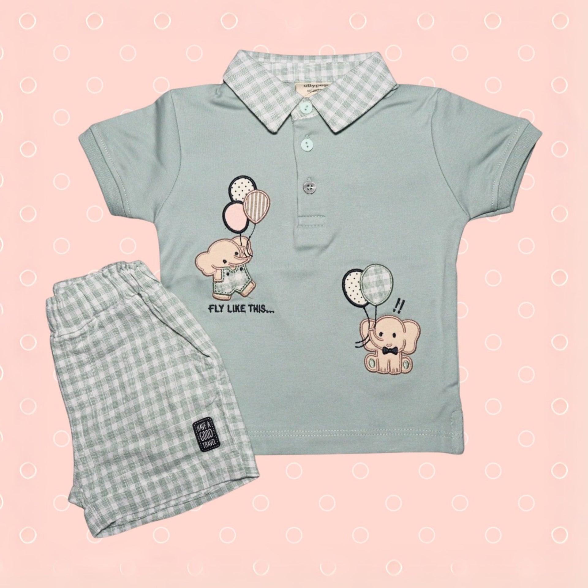 OLLYPOP  Half Sleeves T-Shirt & Shorts Set  | V sheep collar Neck | baby elephant Animal with balloon print on T-shirt and Chex printed shorts for boys , scuba & blue color