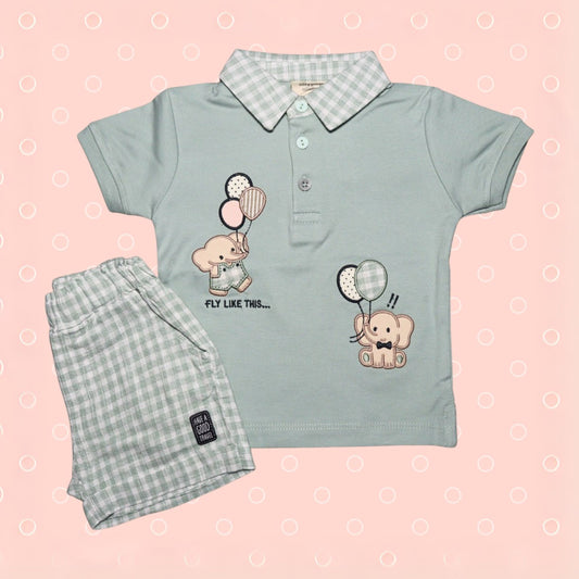 OLLYPOP  Half Sleeves T-Shirt & Shorts Set  | V sheep collar Neck | baby elephant Animal with balloon print on T-shirt and Chex printed shorts for boys , scuba & blue color