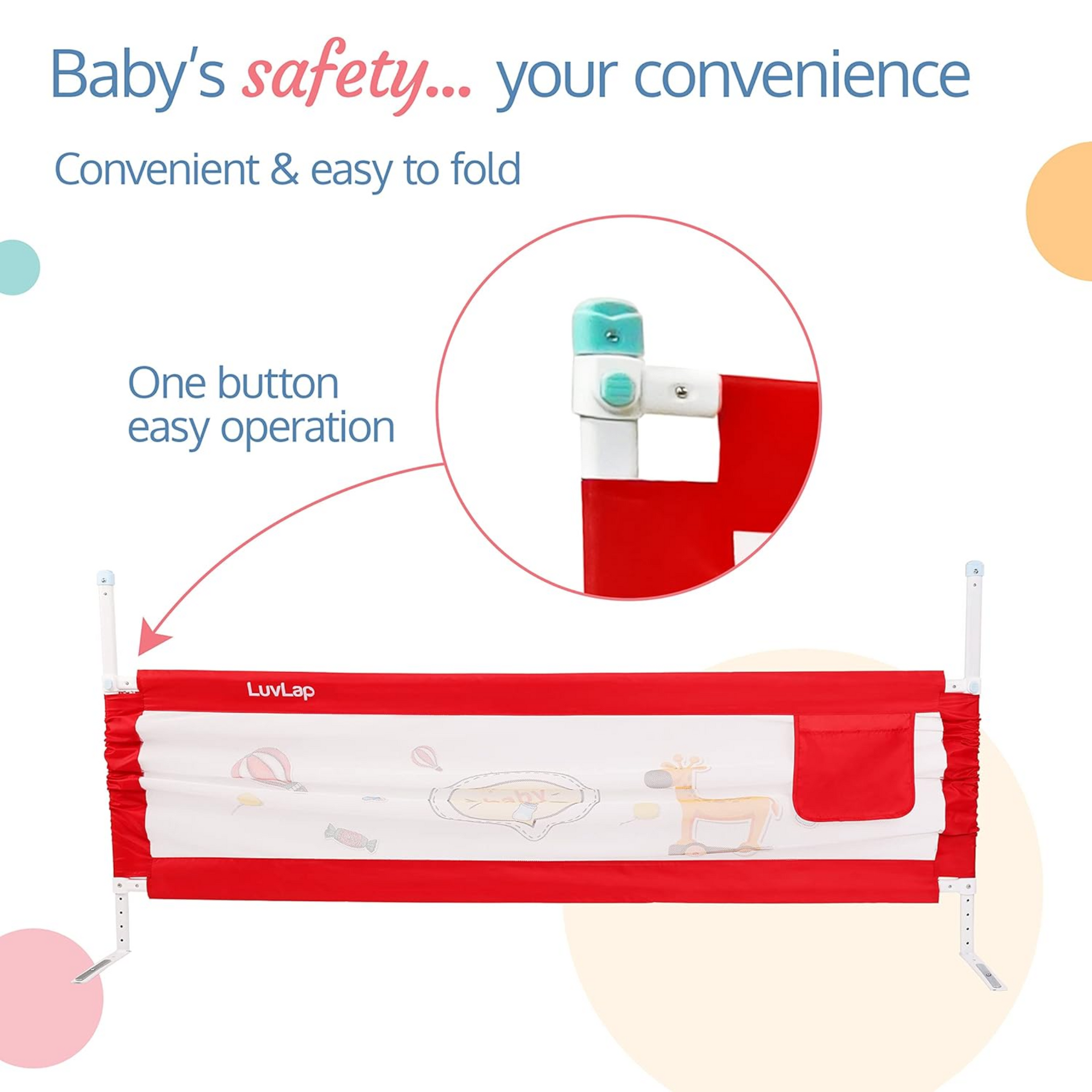 LuvLap Comfy Baby Bed Rail Guard for Baby & Toddler Safety, 180cm x 72cm, Bed rails for baby safety, Foldable & Portable, Adjustable Height, Single bed side rails for baby, (Red)