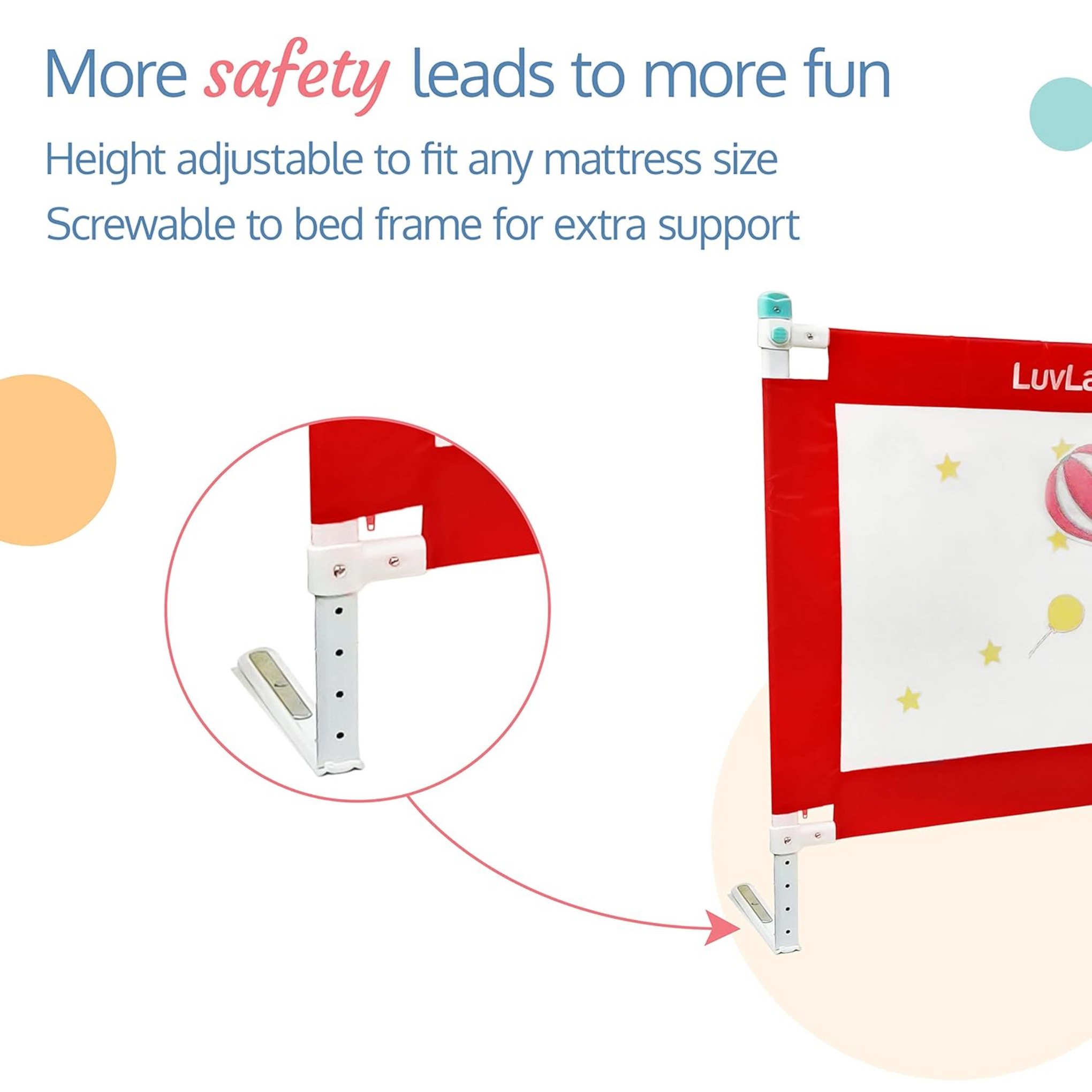LuvLap Comfy Baby Bed Rail Guard for Baby & Toddler Safety, 180cm x 72cm, Bed rails for baby safety, Foldable & Portable, Adjustable Height, Single bed side rails for baby, (Red)