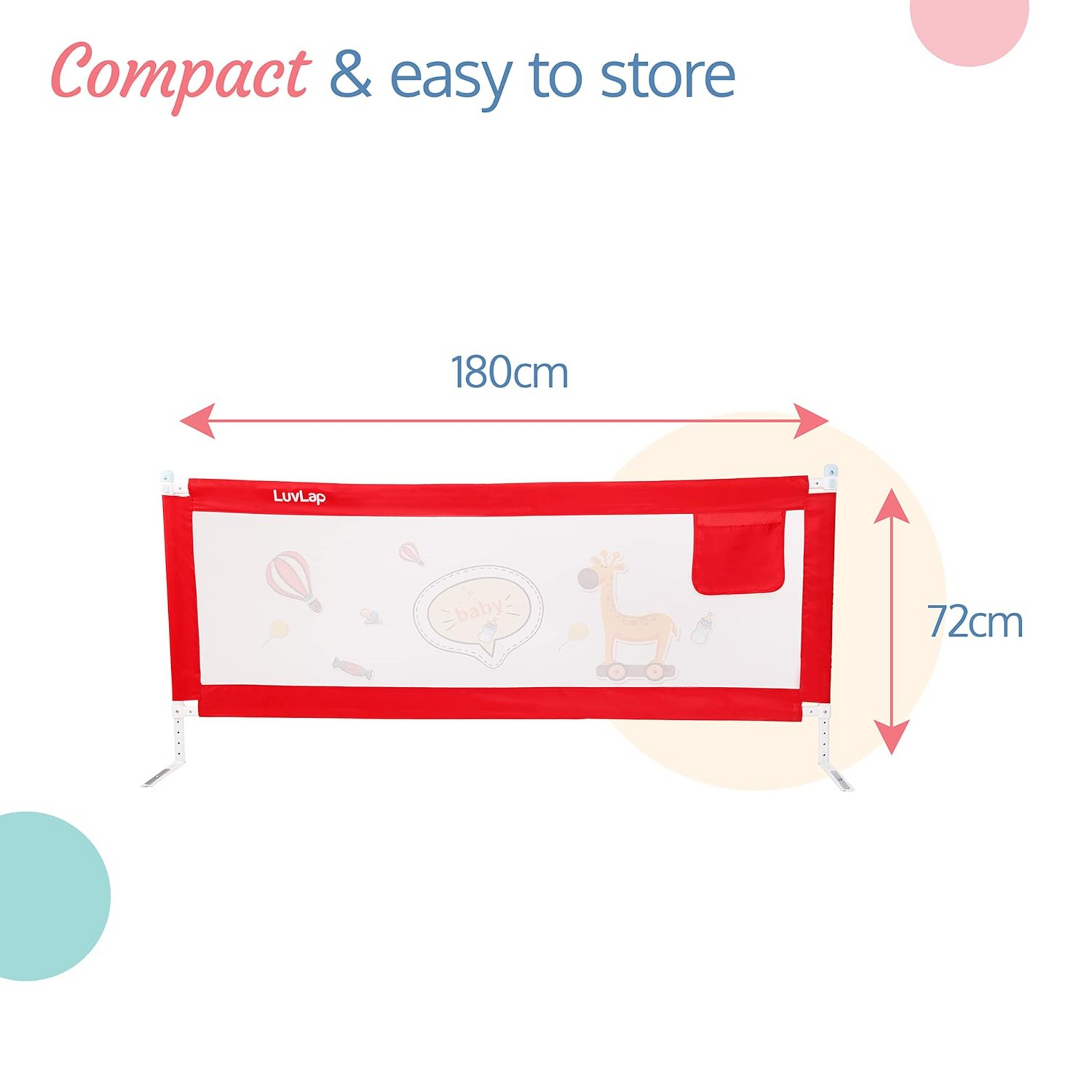 LuvLap Comfy Baby Bed Rail Guard for Baby & Toddler Safety, 180cm x 72cm, Bed rails for baby safety, Foldable & Portable, Adjustable Height, Single bed side rails for baby, (Red)