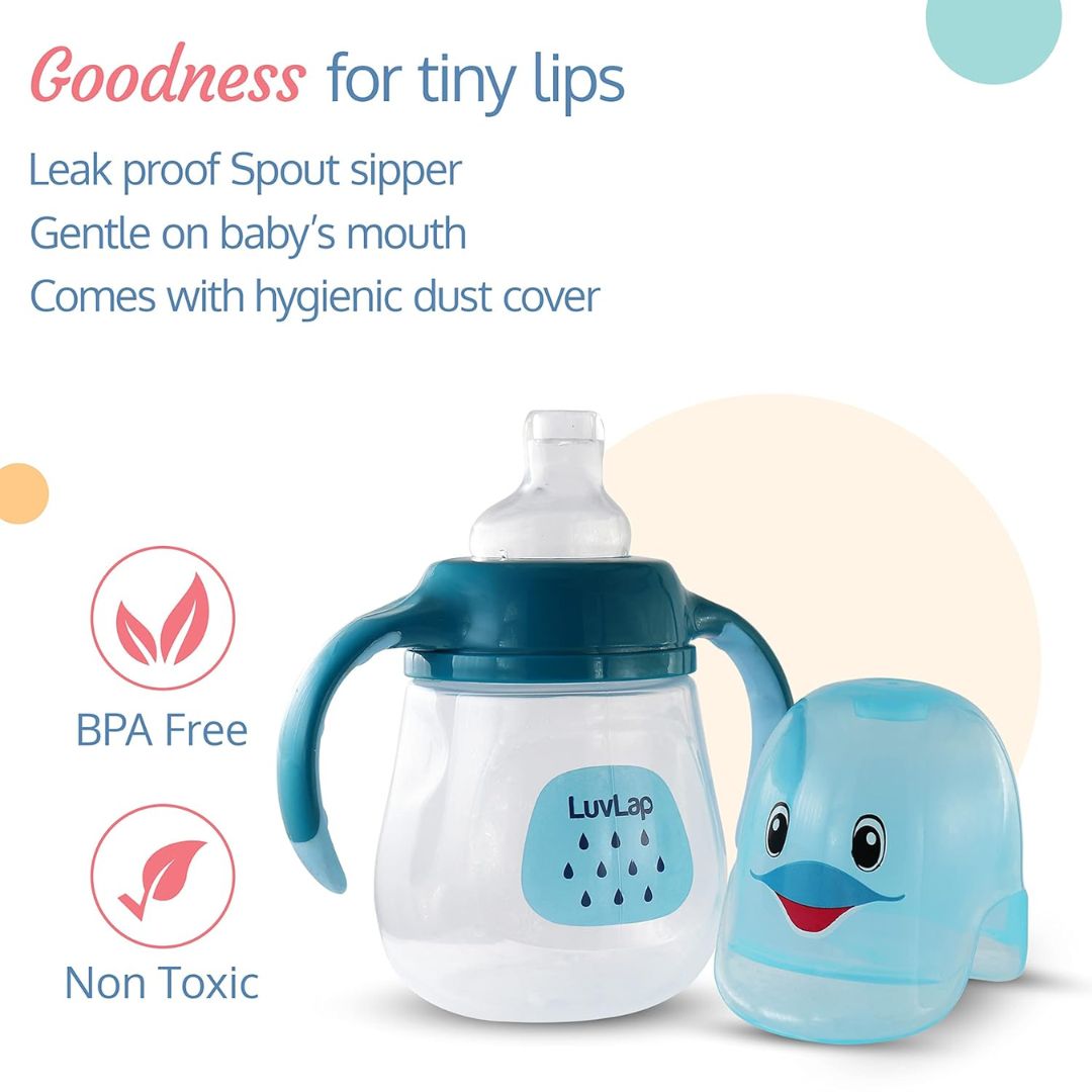 LuvLap Little Dolphin Sipper, Soft Silicone Spout, Anti-Spill, Colour, 280Ml, 6M+, Blue
