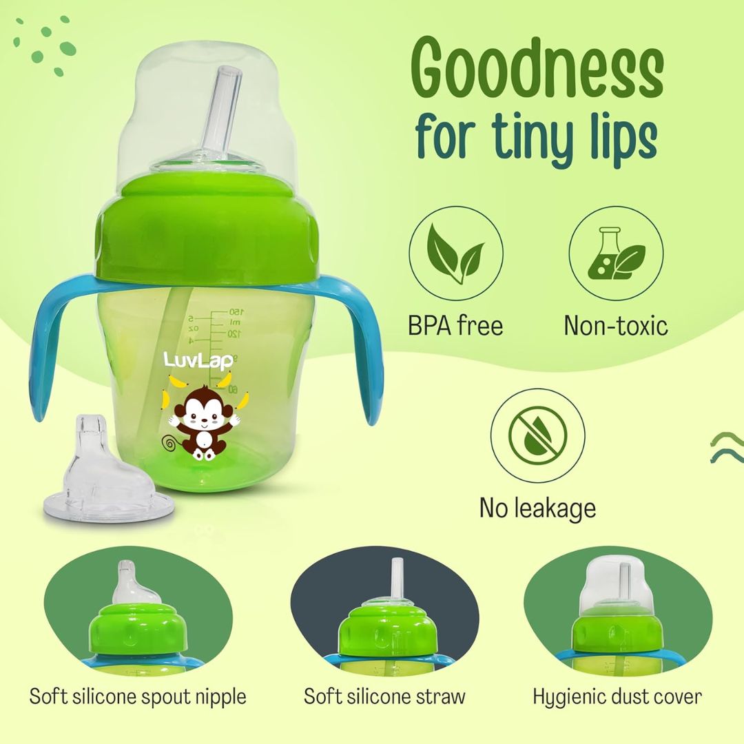 LuvLap Banana Time  Anti Spill, Interchangeable Sipper / Sippy Cup with Soft Silicone Spout and Straw BPA Free, 6m+ (Green)